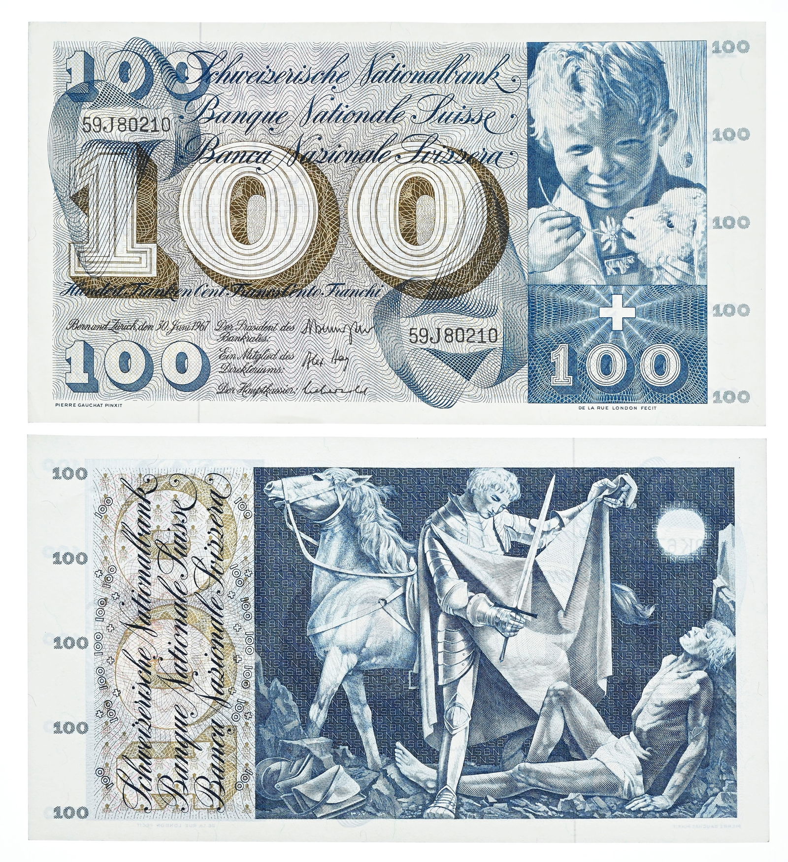 Confédération helvétique, 2 billets de 100 francs, 5ème émission de juin 19: Confédération helvétique, 2 billets de 100 francs, 5ème émission de juin 1967, signature Hay (1966-1976), série 59A-62Z, 19,15 x 10,5 cm ConditionJamais circulés 
