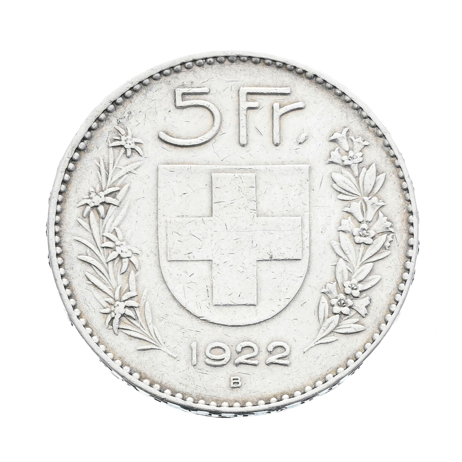 Confédération helvétique, 5 francs 1922, en argent, tranche inscrite en relief, diam.: Confédération helvétique, 5 francs 1922, en argent, tranche inscrite en relief, diam.3,7 cm, 24,92 g. ConditionEtat de conservation : TTB Veuillez vous référer aux