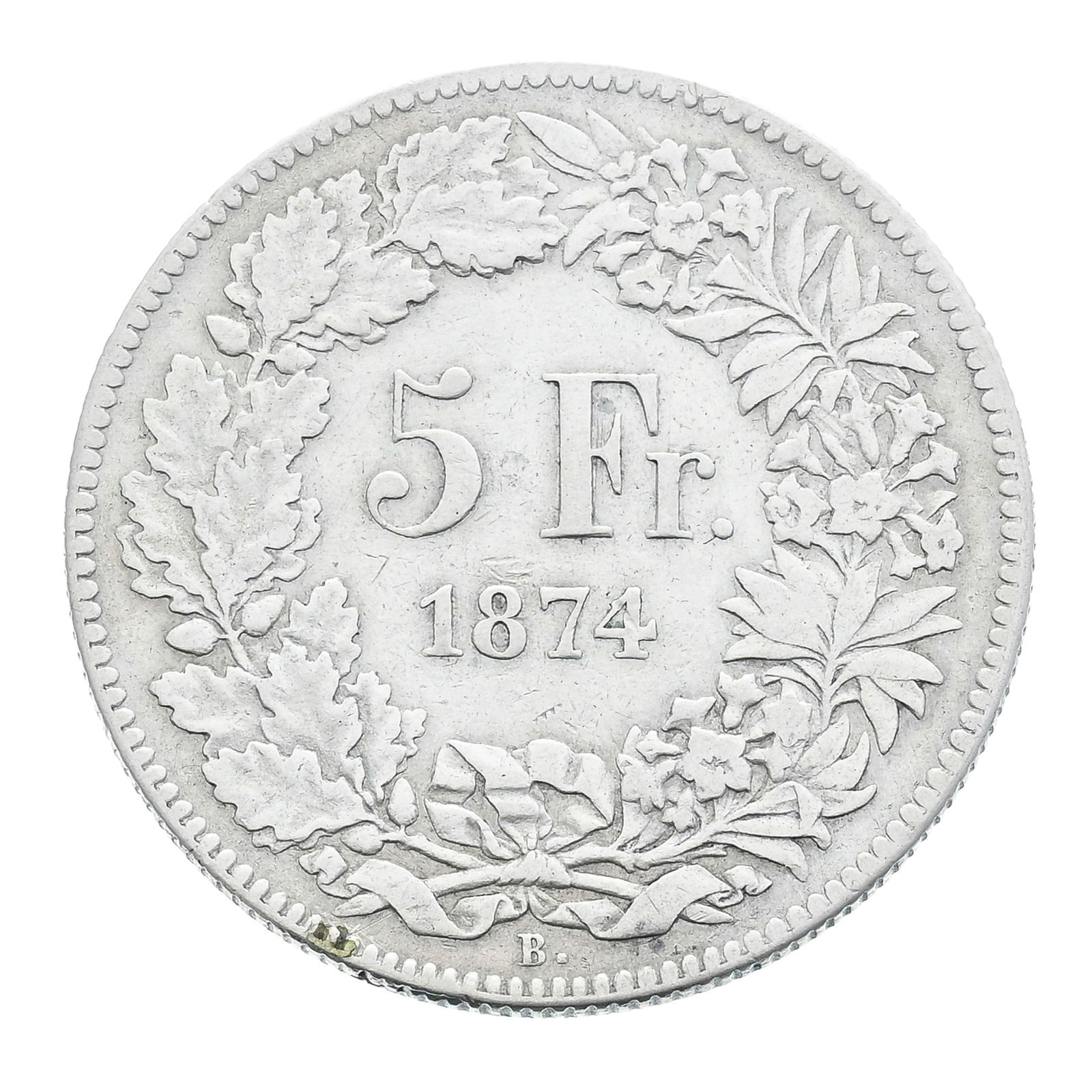 Confédération helvétique, 5 francs 1874 en argent, (marque atelier B.), par Antoine B: Confédération helvétique, 5 francs 1874 en argent, (marque atelier B.), par Antoine Bovy, tranche striée, diam. 3,7 cm, 24,75 g. ConditionTB+ Veuillez vous référer aux