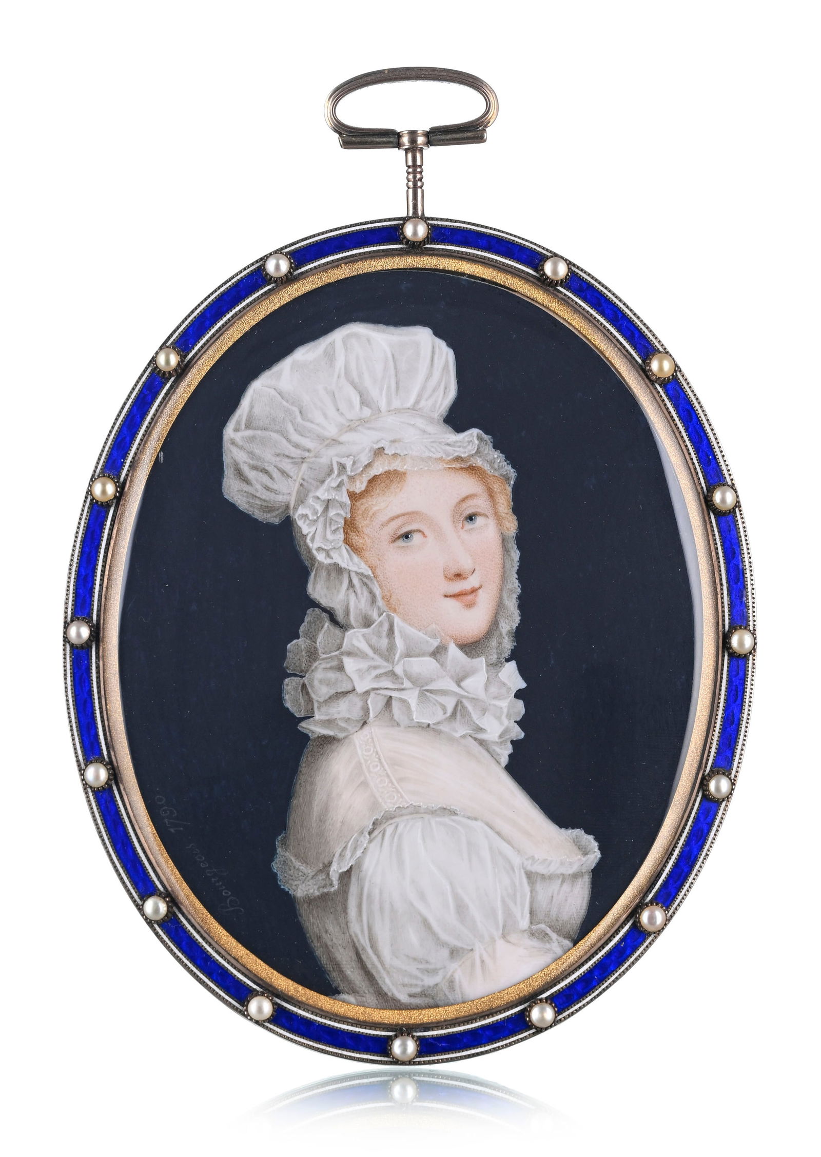 Charles Guillaume Bouregois (1759-1832), Dame au bonnet blanc et collier en taffetas, 1790, portrait: Charles Guillaume Bouregois (1759-1832), Dame au bonnet blanc et collier en taffetas, 1790, portrait en miniature sur ivoire monté en pendentif en or et émail, le pourtour serti de perles,