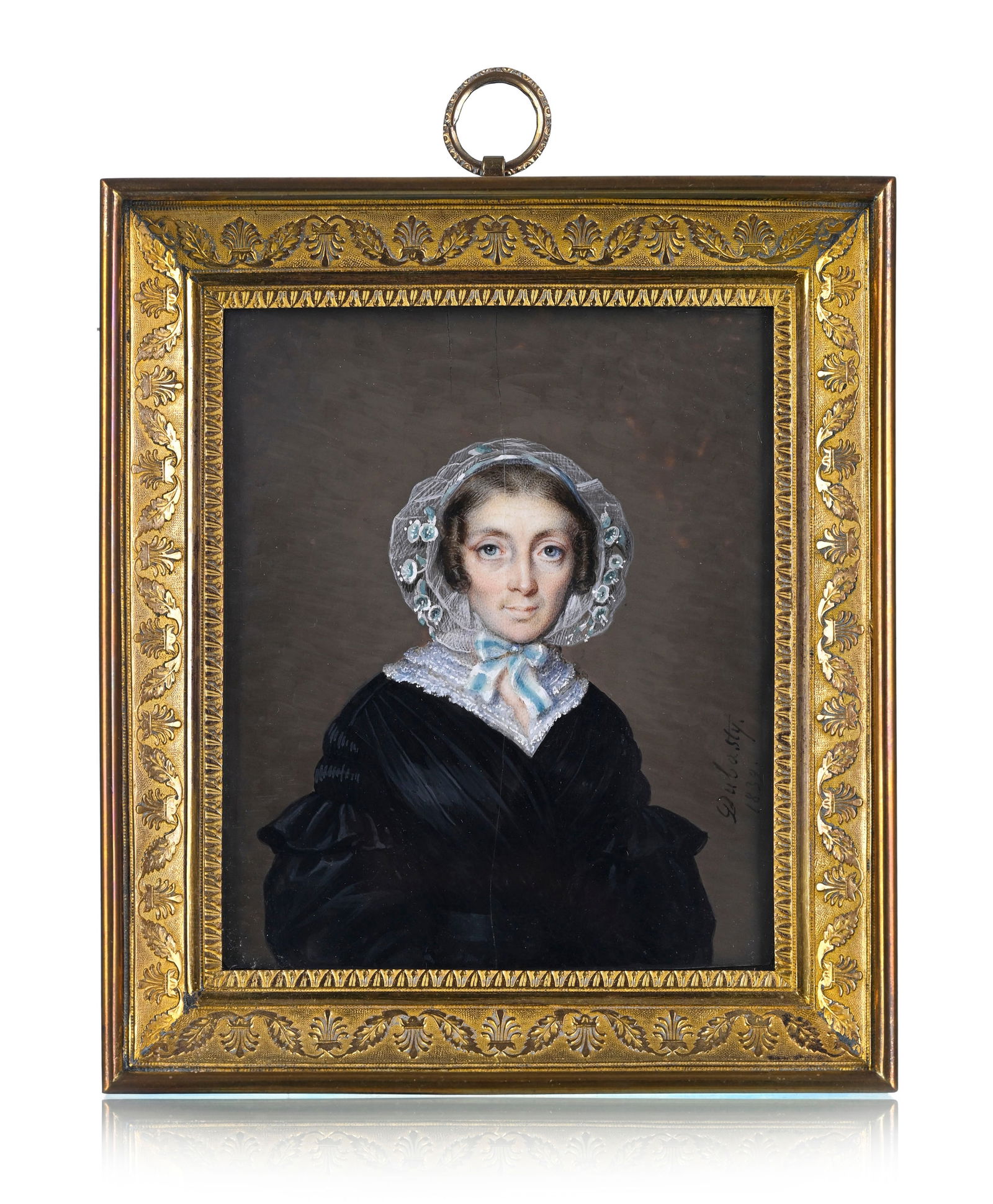 Joseph Dubasty (actif 1808-1842), portrait d'une dame au bonne en dentelle et un ruban blanc et bleu (1 of 5)