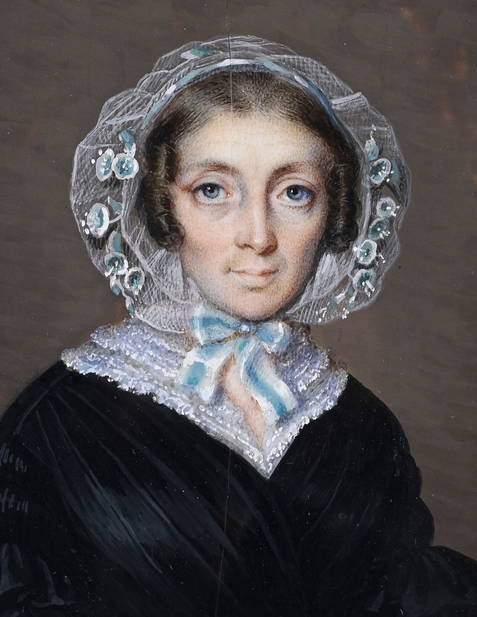 Joseph Dubasty (actif 1808-1842), portrait d'une dame au bonne en dentelle et un ruban blanc et bleu - 3