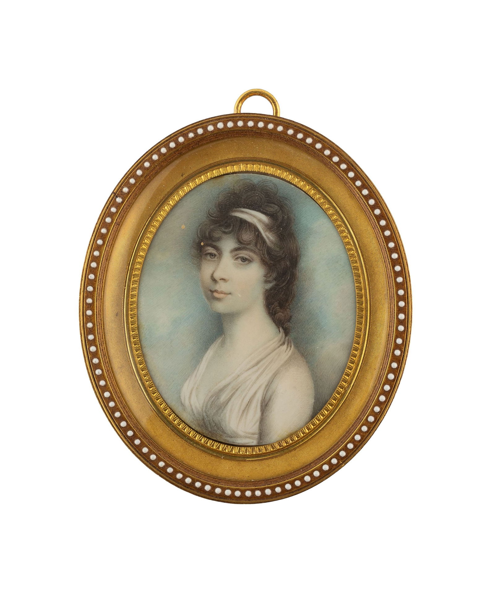 Andrew Plimer (1763-1837), attr. à, Dame à la robe blanche, portrait en miniature, aquarel (1 of 1)