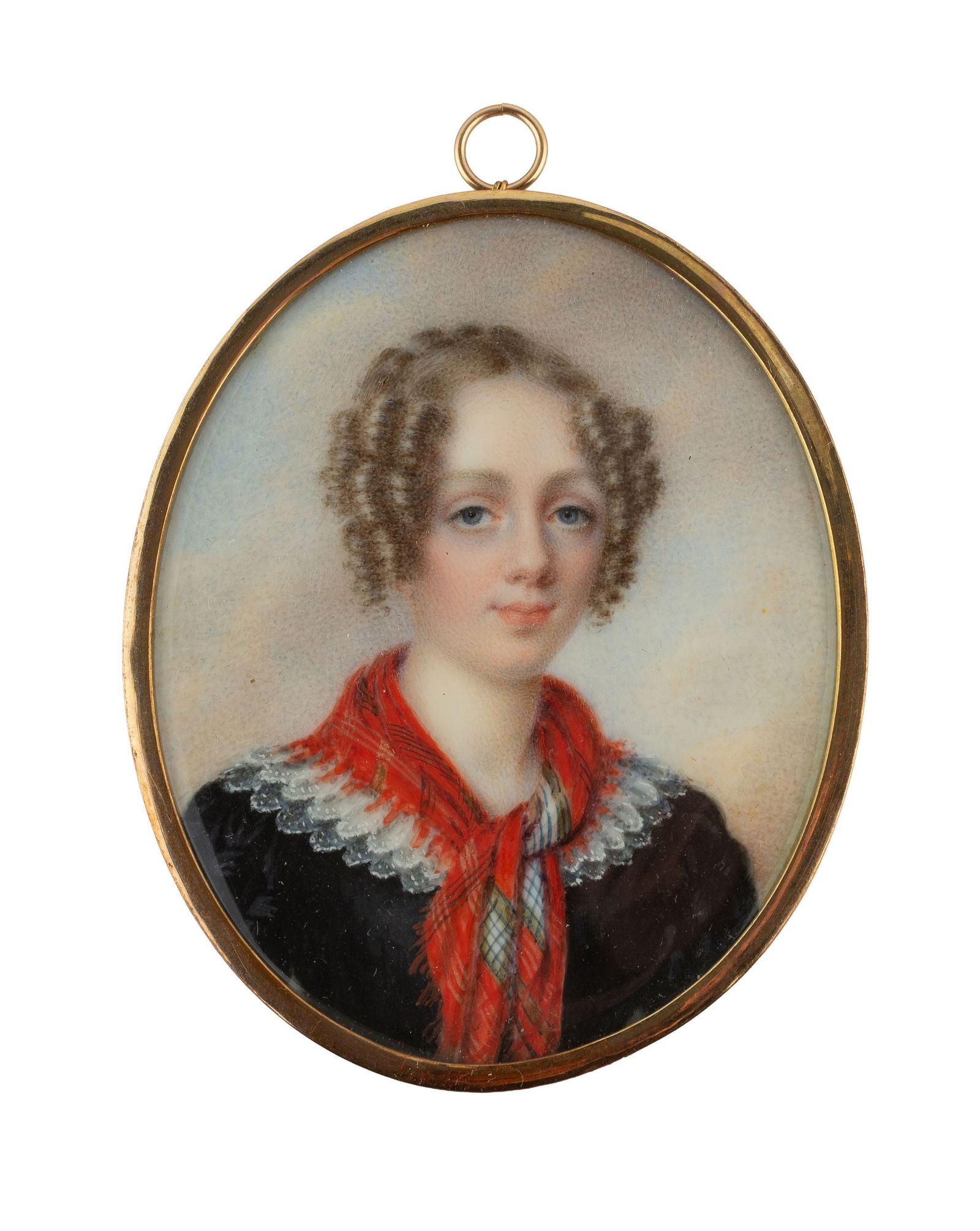 Dame à l'écharpe rouge, portrait en miniature, école anglaise, XIXe s., aquarelle et : Dame à l'écharpe rouge, portrait en miniature, école anglaise, XIXe s., aquarelle et gouache sur ivoire, 7,2x5,7 cm Veuillez noter que pour le transport hors de Suisse de lots