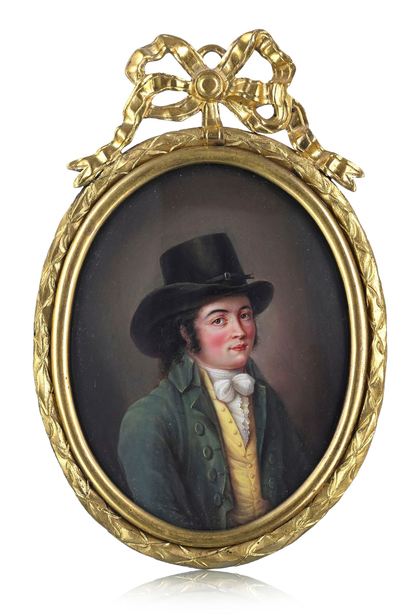 Jean Gabriel Prêtre (1768-1849), autoportrait de l’artiste, peinture en émail sur cu: Jean Gabriel Prêtre (1768-1849), autoportrait de l’artiste, peinture en émail sur cuivre, ancienne étiquette au verso avec description, 7,5x6 cm 