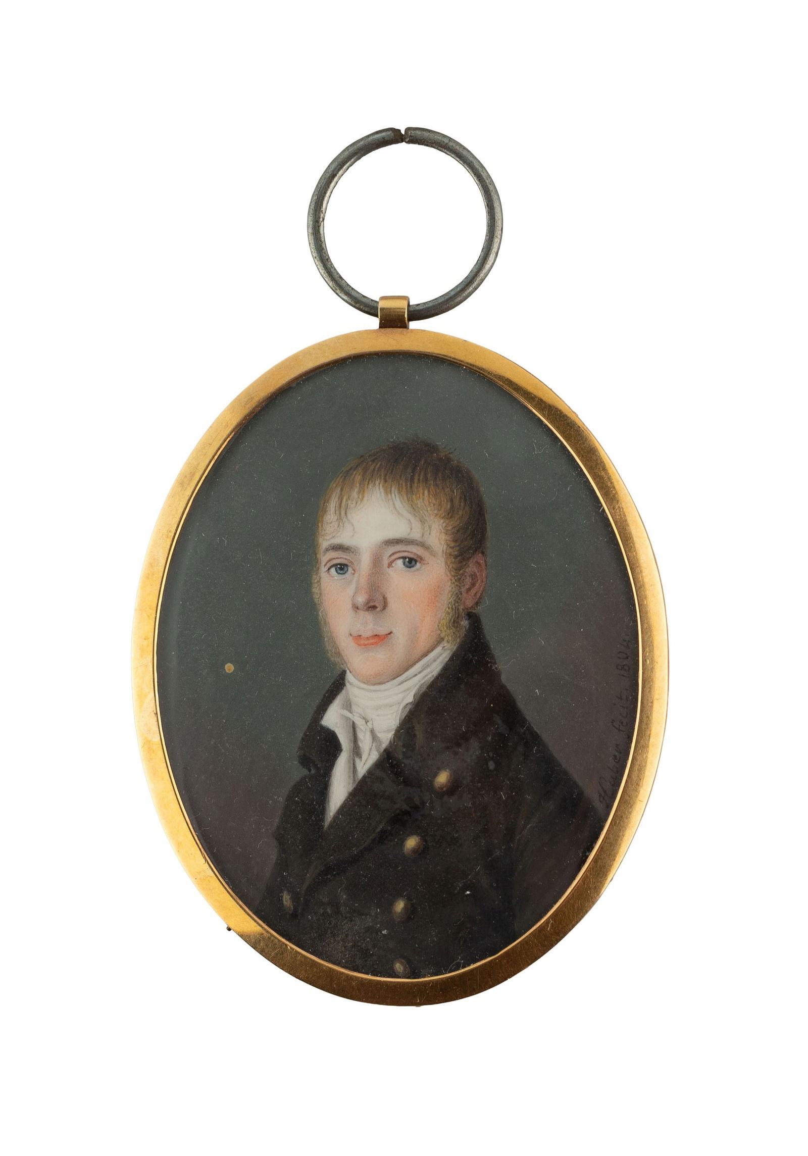 Unis pour toujours, miniature double face avec un portait d'homme et une scène de jardin avec a: Unis pour toujours, miniature double face avec un portait d'homme et une scène de jardin avec anges et colombes, les initiales G R entrelacés, signé Hubert fecit 1804, aquarelle et