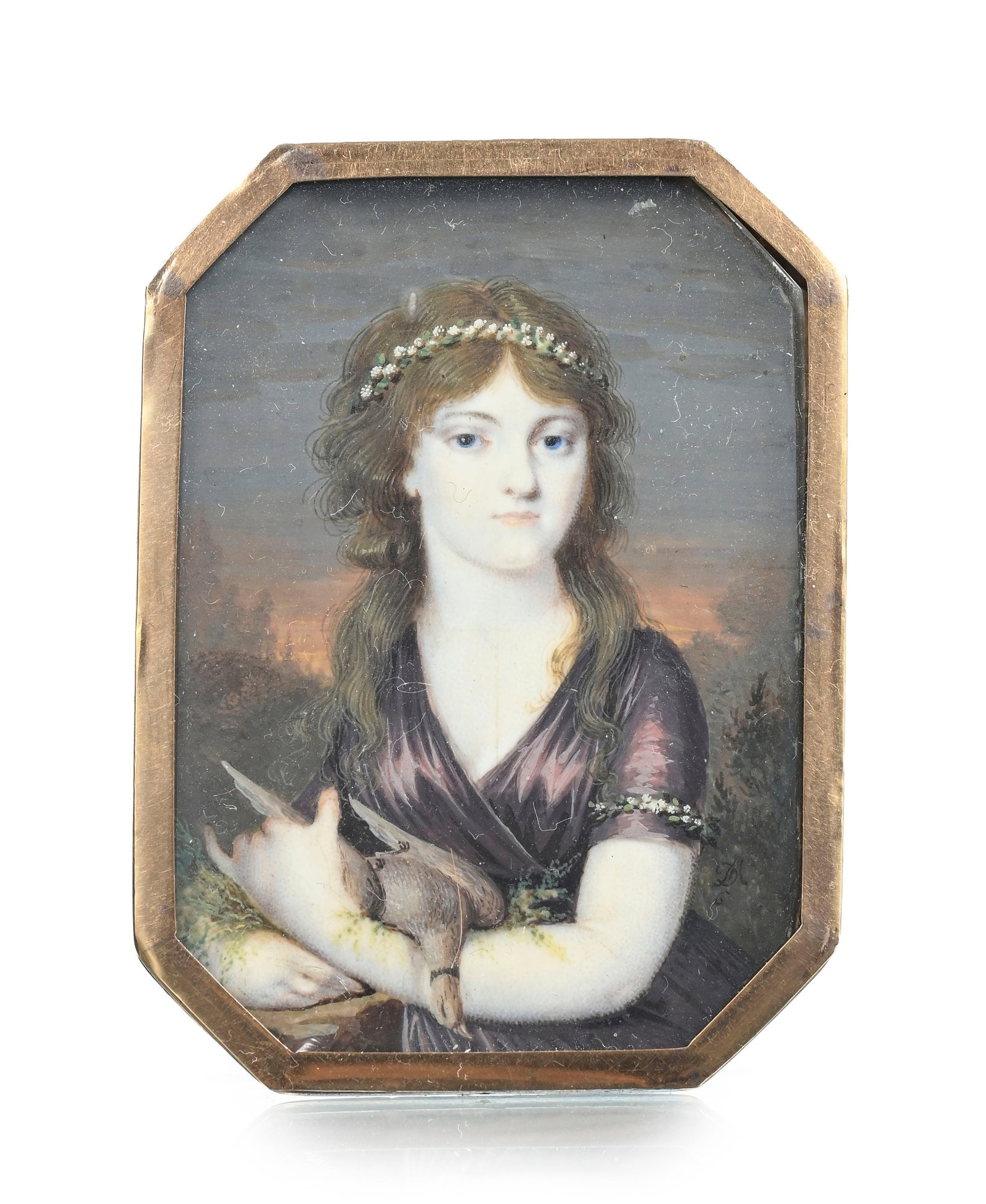 Dame à la colombe, portrait en miniature, aquarelle et gouache sur ivoire, la femme tient une c: Dame à la colombe, portrait en miniature, aquarelle et gouache sur ivoire, la femme tient une colombe décédée dans ses bras, habillée dans une robe violet foncé,