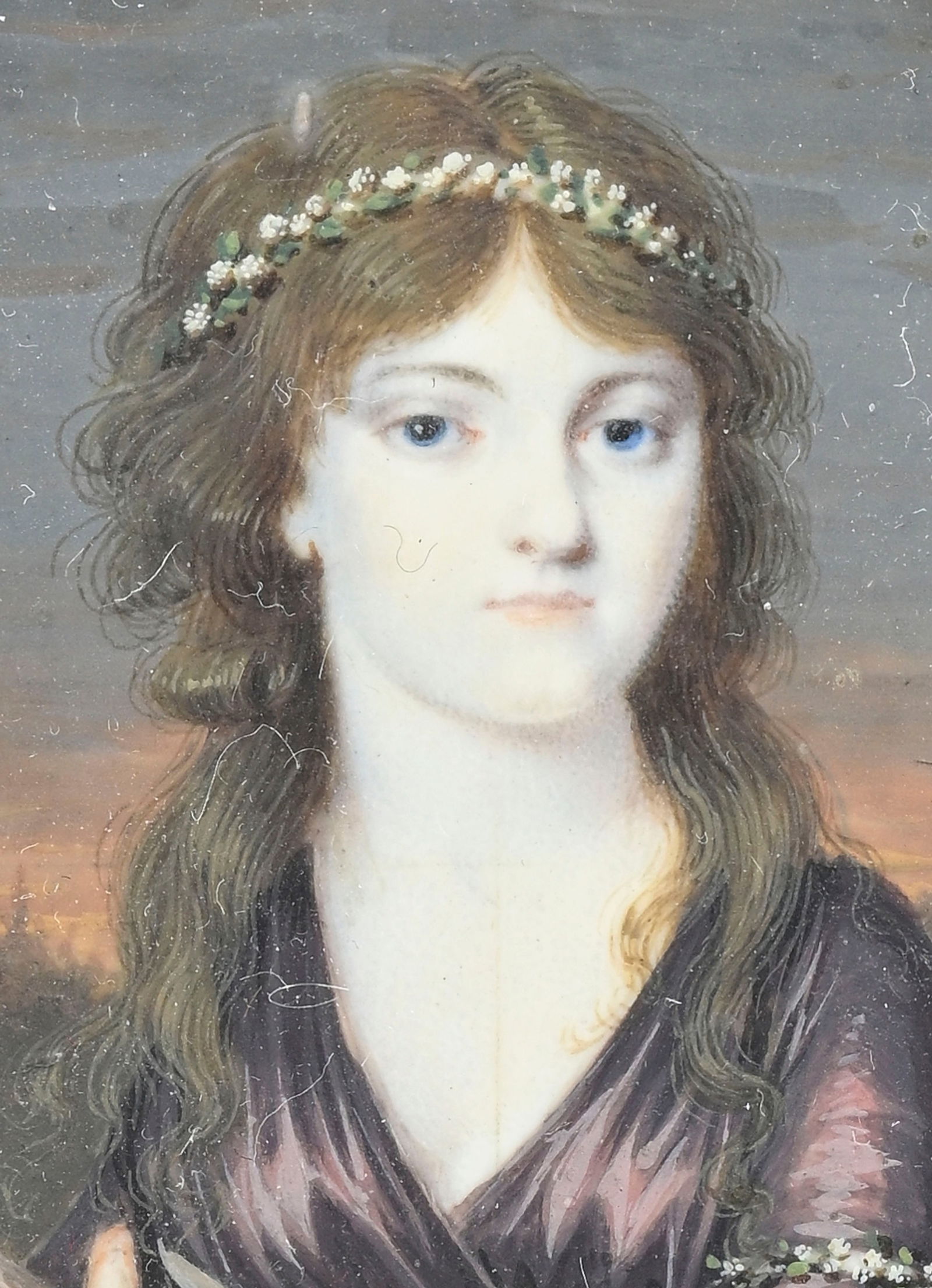 Dame à la colombe, portrait en miniature, aquarelle et gouache sur ivoire, la femme tient une c - 2