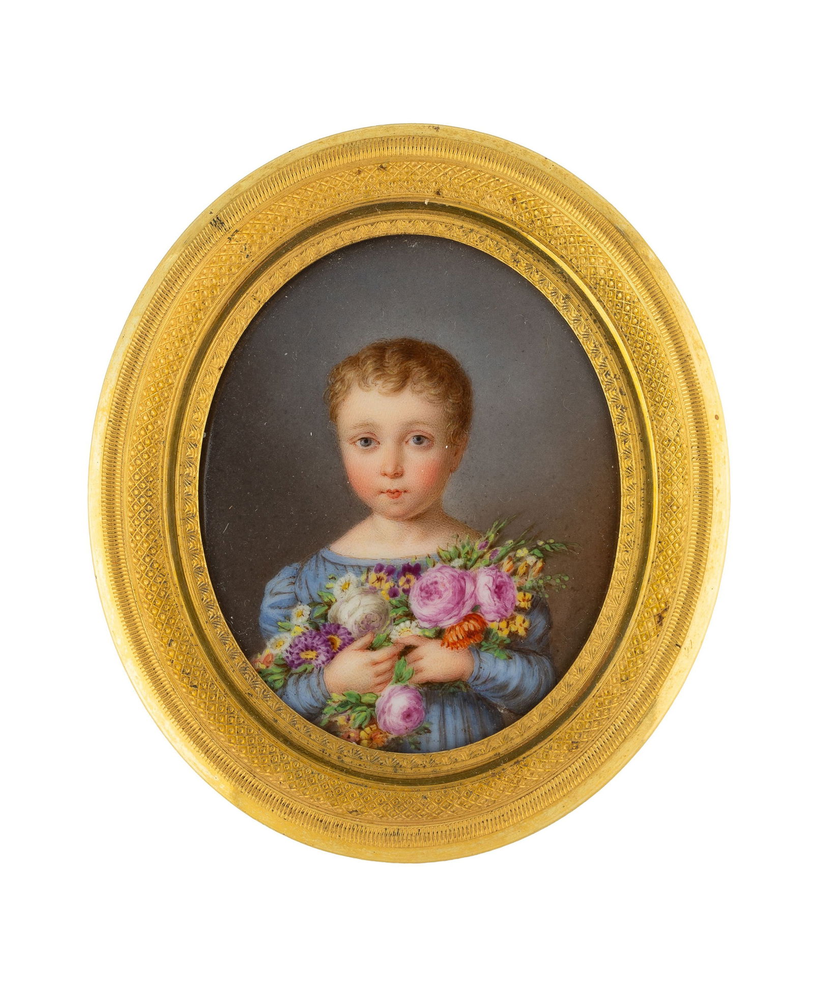 Louis Charles de France, Louis XVII (1785-1795), présumé, portrait en miniature ovale, por: Louis Charles de France, Louis XVII (1785-1795), présumé, portrait en miniature ovale, porcelaine peint du Dauphin de la couronne de France tenant un bouquet de roses, 7x6 cm Veuillez noter