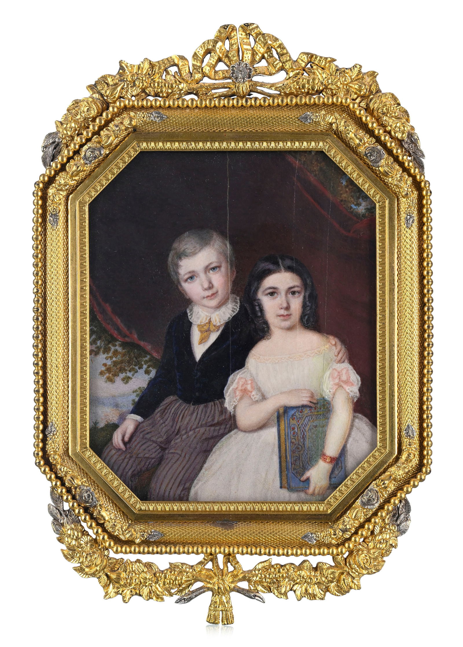 Frère et sœur, portrait en miniature, gouache et aquarelle sur ivoire, composition assise 