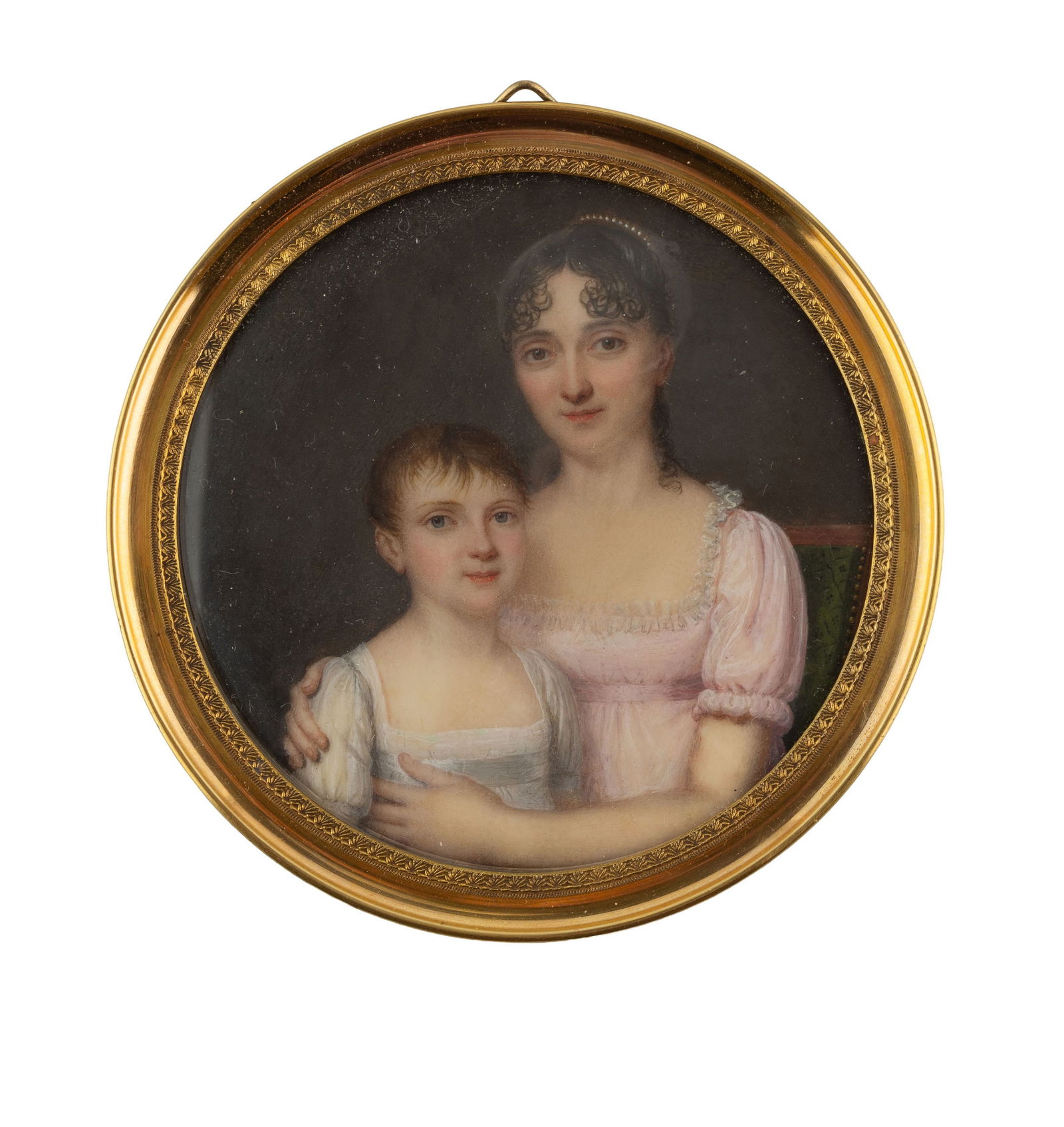 Mère avec sa fillette, portait en miniature, circa 1800, aquarelle et gouache sur ivoire, diam.: Mère avec sa fillette, portait en miniature, circa 1800, aquarelle et gouache sur ivoire, diam. 7,5 cm Veuillez noter que pour le transport hors de Suisse de lots contenant de l’ivoire
