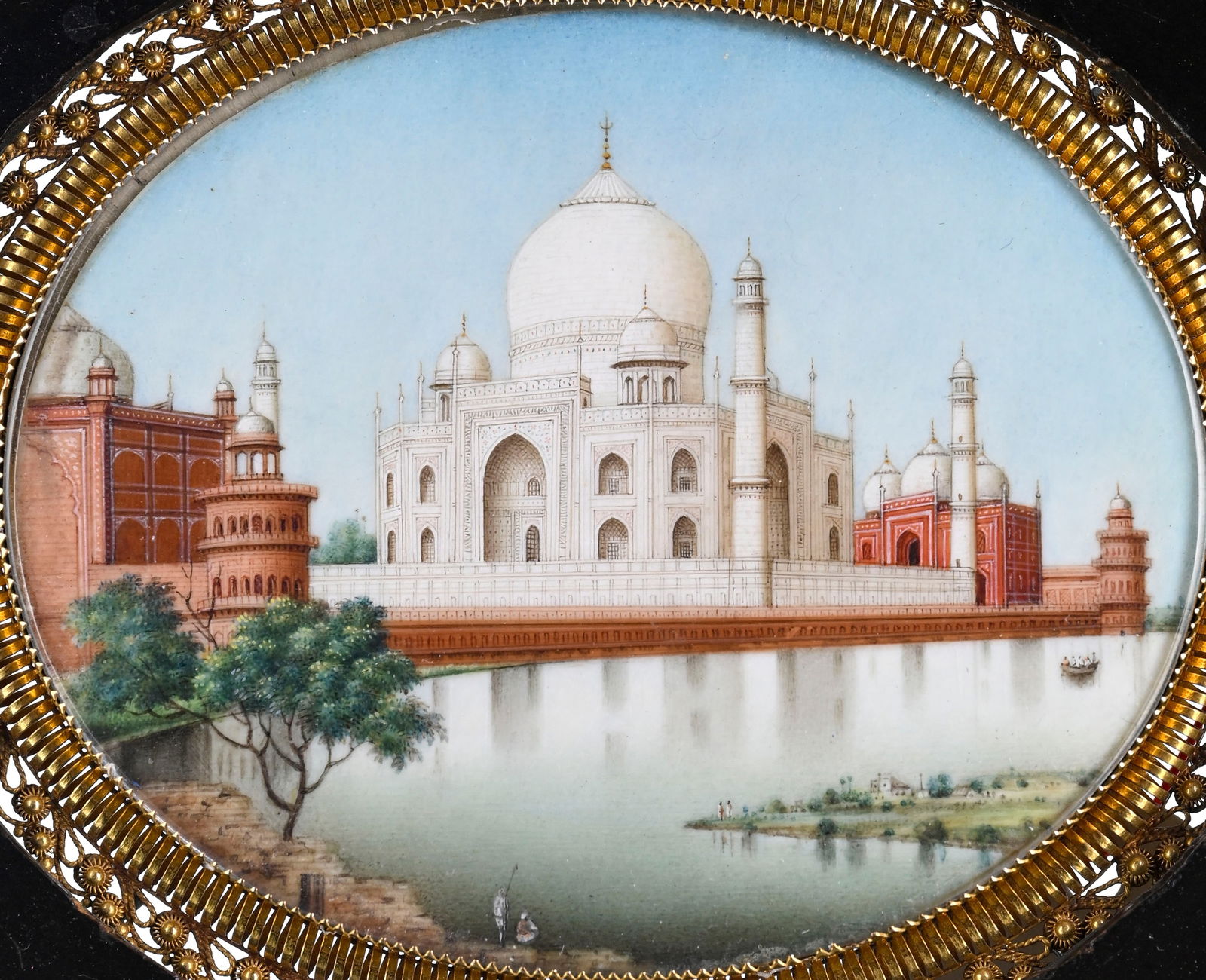 Taj Mahal, miniature ovale en émail plein sur cuivre, montée en broche en or, présent - 2