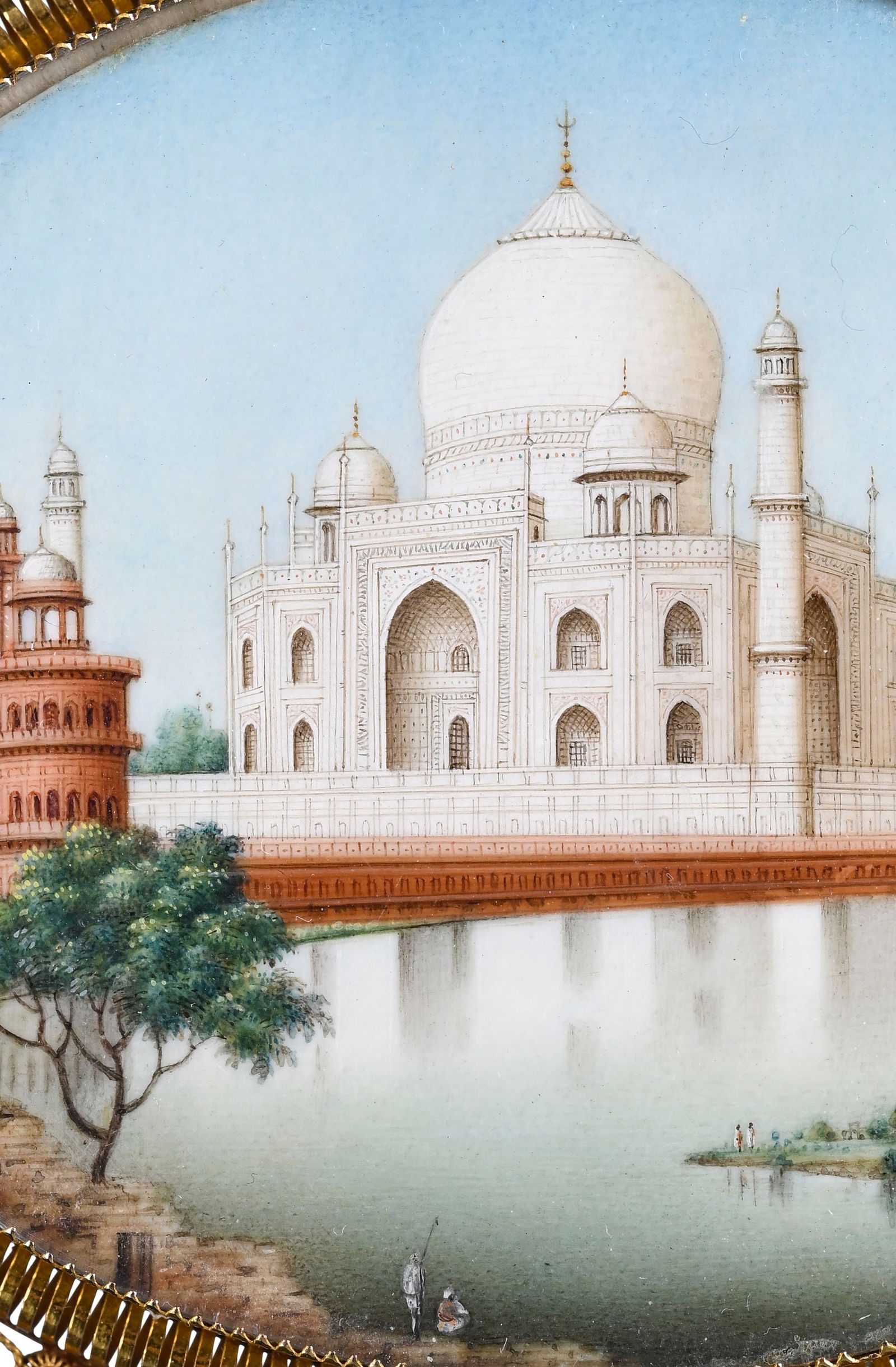 Taj Mahal, miniature ovale en émail plein sur cuivre, montée en broche en or, présent - 3