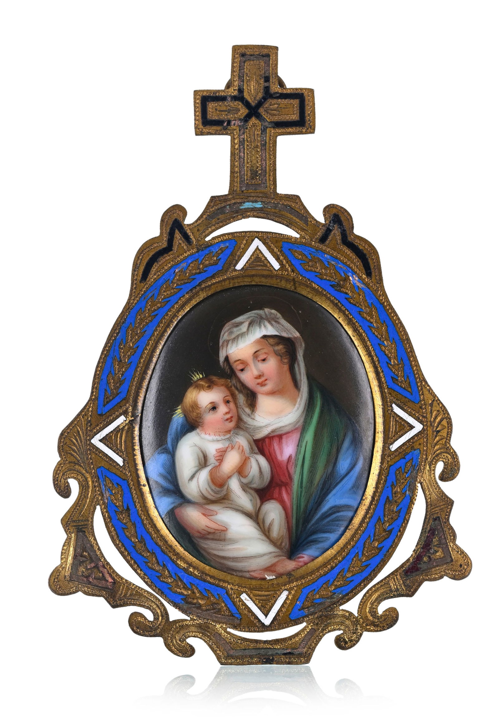 Vierge à l'enfant, plaque en porcelaine, probablement KPM, Berlin, fin XIXe s., peinte en minia: Vierge à l'enfant, plaque en porcelaine, probablement KPM, Berlin, fin XIXe s., peinte en miniature de la vierge tenant le jeune Christ sur ses genoux, plaque montée en cadre reliquaire en