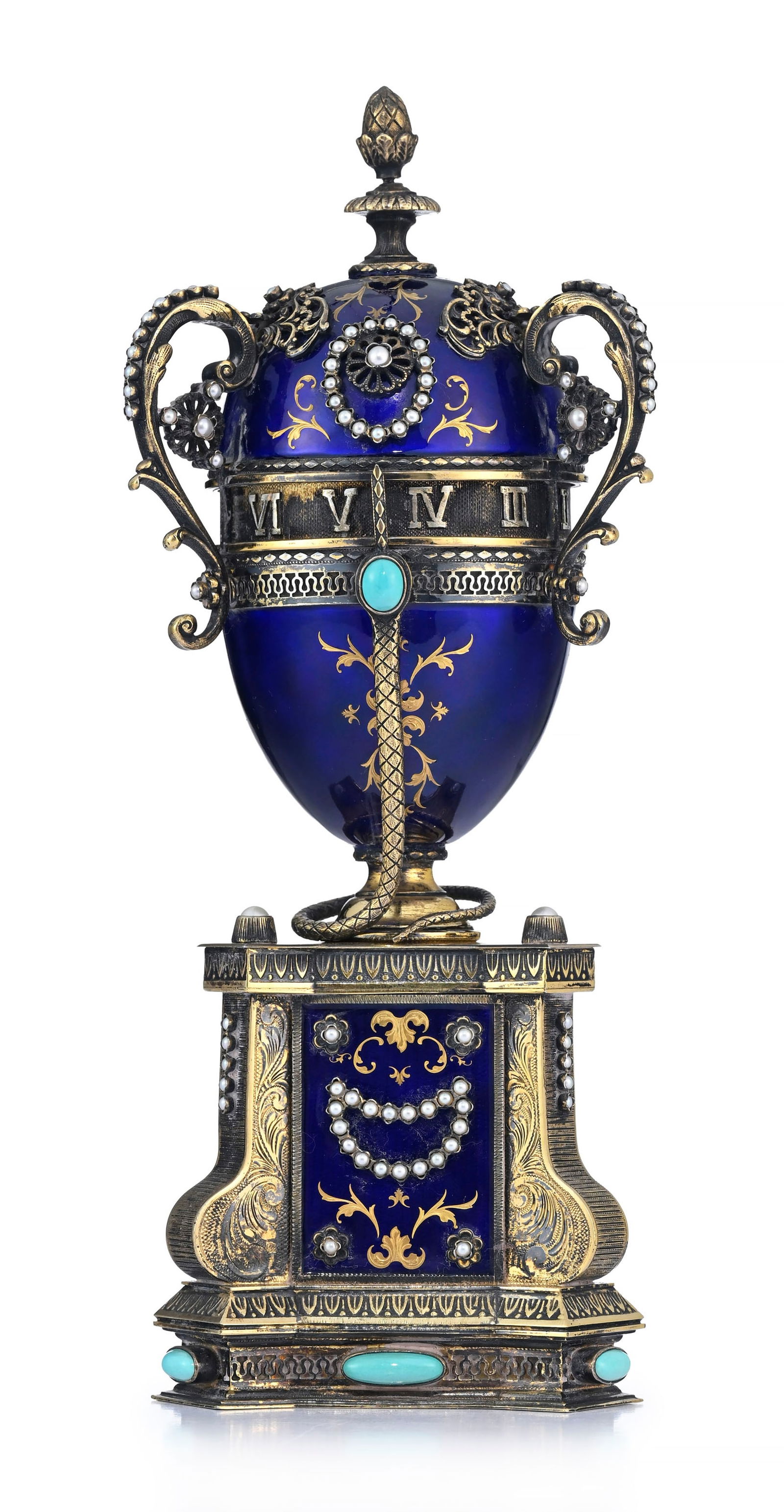 Horloge à cercle tournant en forme d’œuf, avec boîte à musique, XXe s., da: Horloge à cercle tournant en forme d’œuf, avec boîte à musique, XXe s., dans le goût de L’Œuf impérial de l’horloge du Serpent bleu par