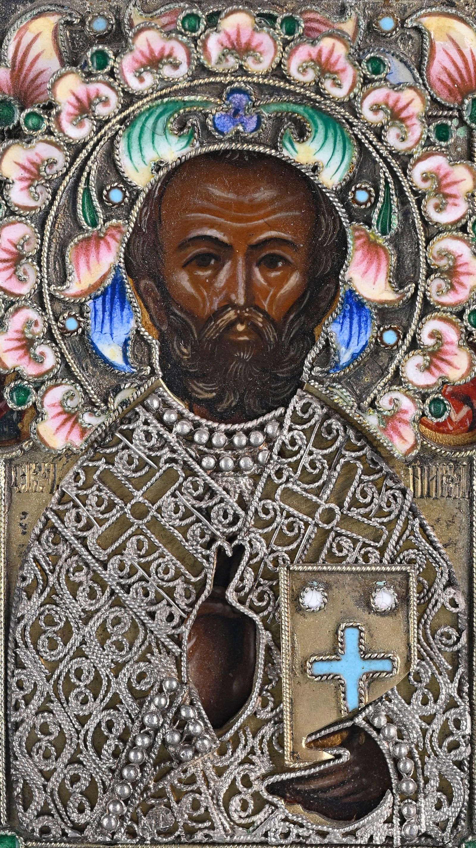Saint Nicolas, petit icône sur panneau avec oklad en argent et émail cloisonné par Al - 2