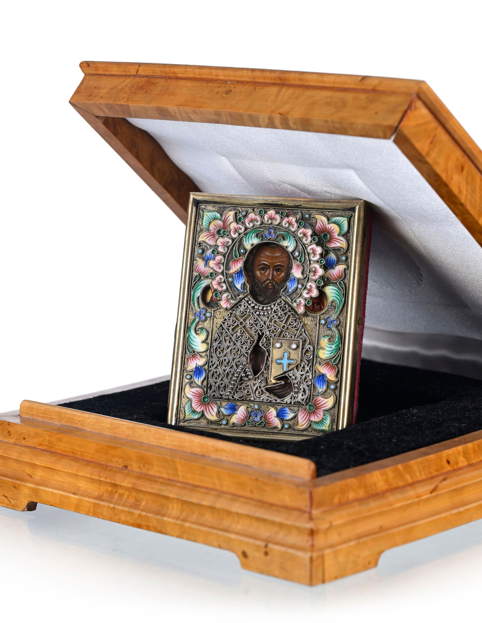 Saint Nicolas, petit icône sur panneau avec oklad en argent et émail cloisonné par Al - 5