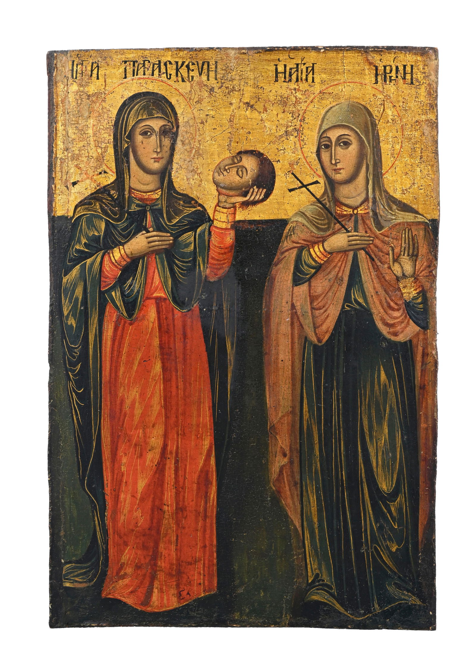 Saintes Parascève et Anastasia, icône sur panneau polychrome et doré, Grèce XIXe: Saintes Parascève et Anastasia, icône sur panneau polychrome et doré, Grèce XIXe s., Parascève avec la tête d'un martyr dans sa main, 44x29,5 cm 