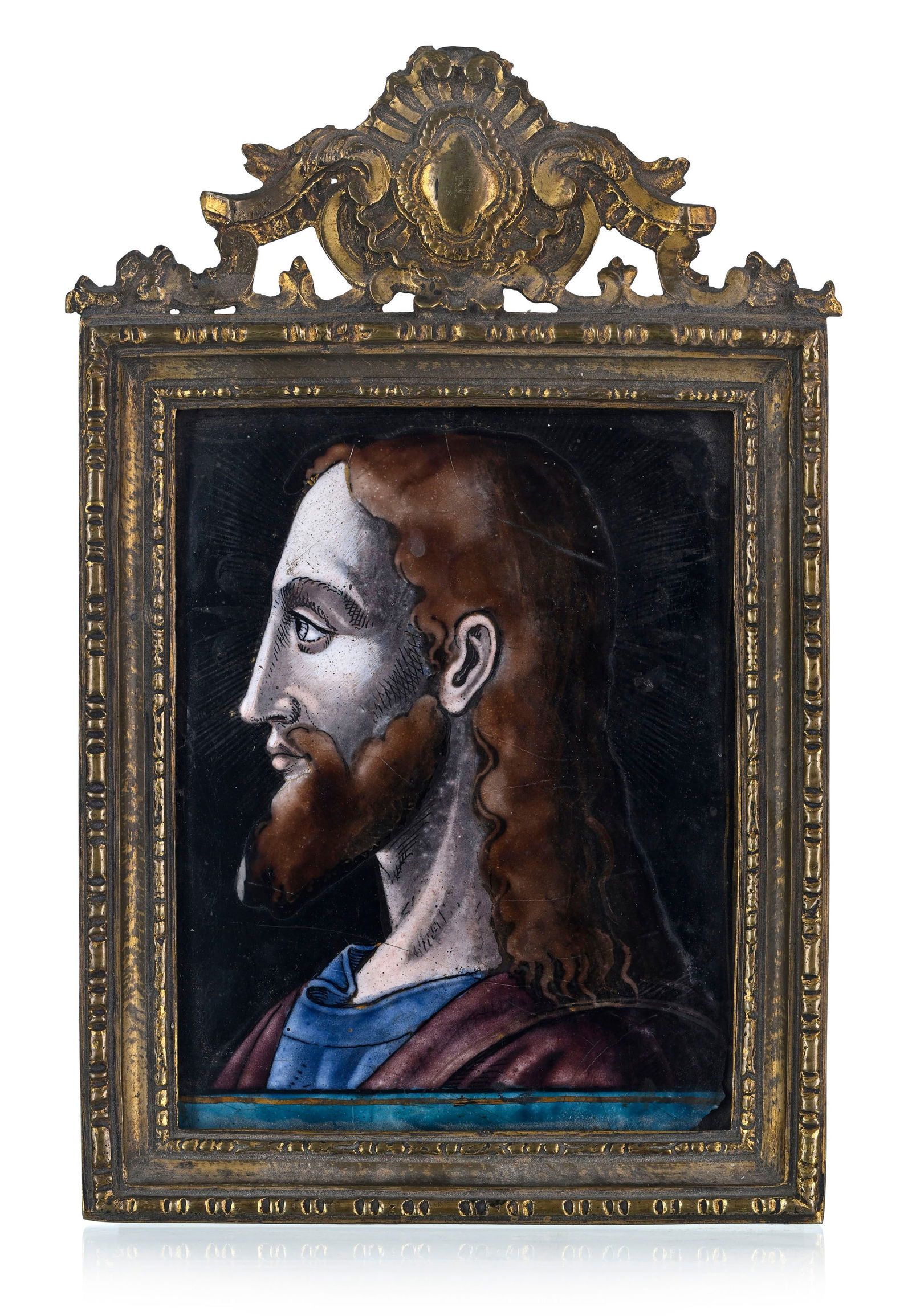 Christ de profil, plaque en émail sur cuivre, Limoges, XVIIe s.,13,5x10,5 cm (1 of 4)