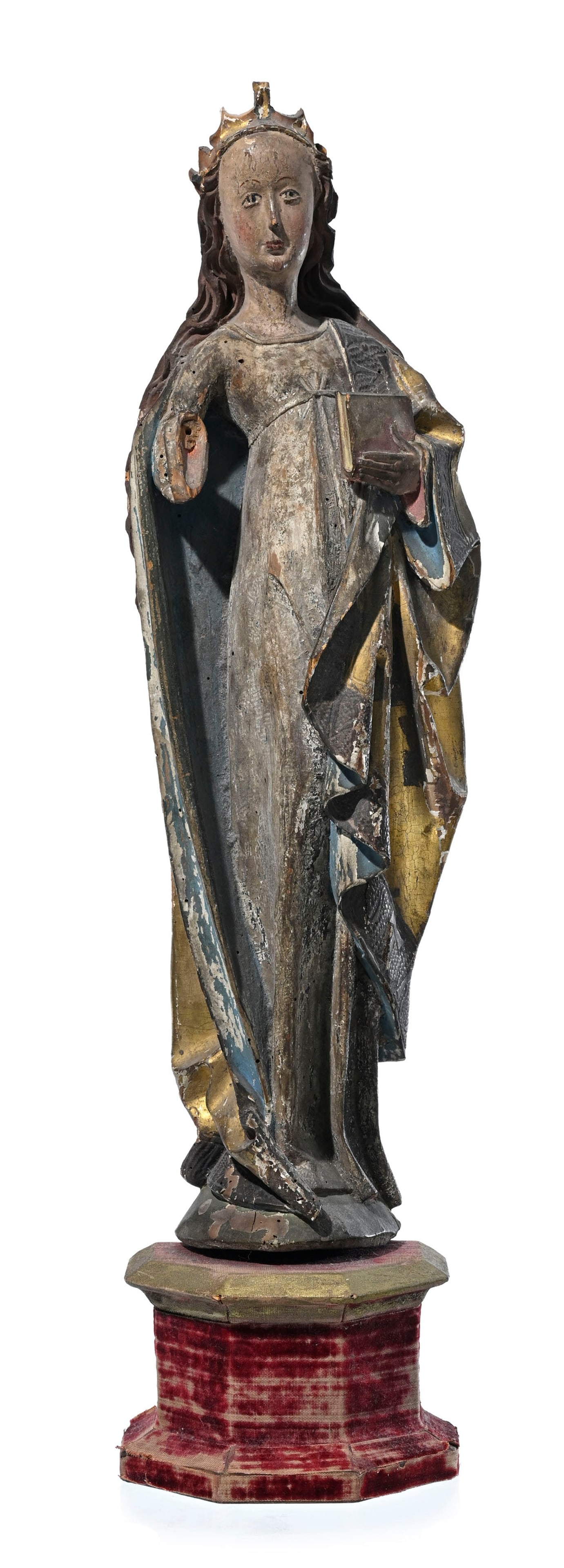 Saint Catherine d'Alexandrie, sculpture haut-relief en bois polychrome, montée sur un socle du : Saint Catherine d'Alexandrie, sculpture haut-relief en bois polychrome, montée sur un socle du XIXe s., h. 53 cm hors socle ConditionManque son avant bras droite Usures, éclats et manques