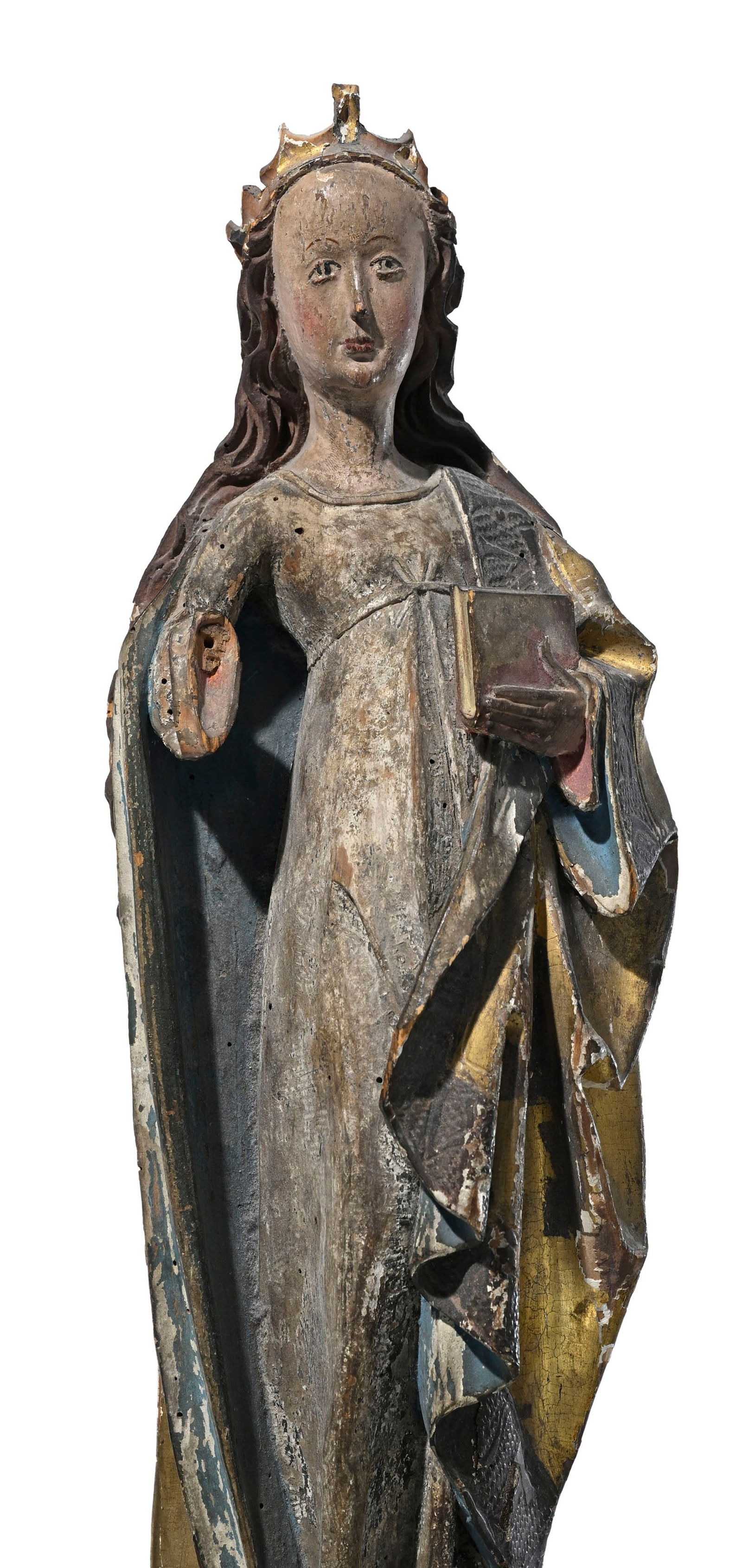 Saint Catherine d'Alexandrie, sculpture haut-relief en bois polychrome, montée sur un socle du  - 2