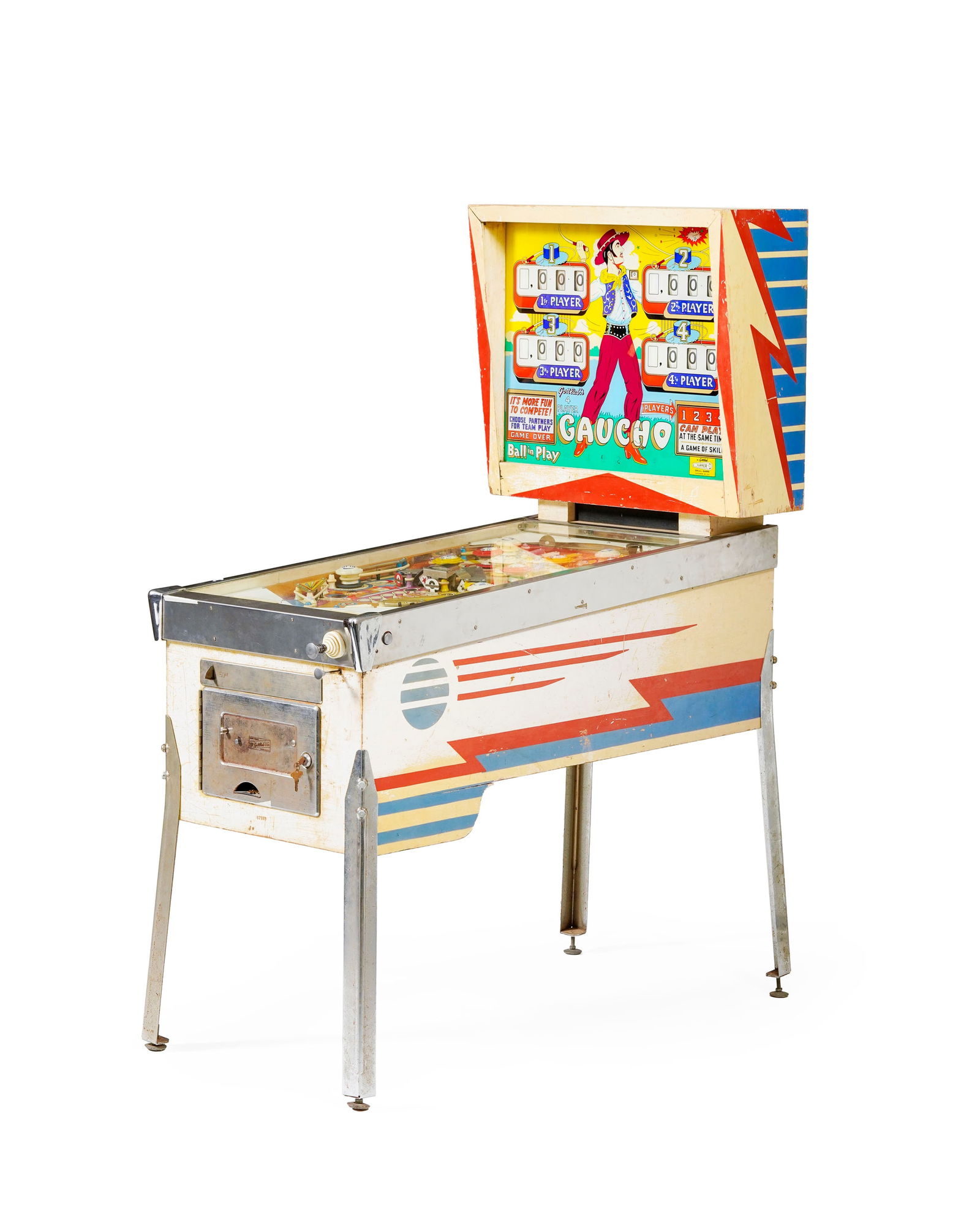 D. Gottlieb & Co., USA, "Gaucho", 1963, flipper, long. 140 cm, h. 177 cm, larg. 73 cm (à restau: D. Gottlieb & Co., USA, "Gaucho", 1963, flipper, long. 140 cm, h. 177 cm, larg. 73 cm (à restaurer) ConditionBien que le flipper semble complet et en état très correct pour son