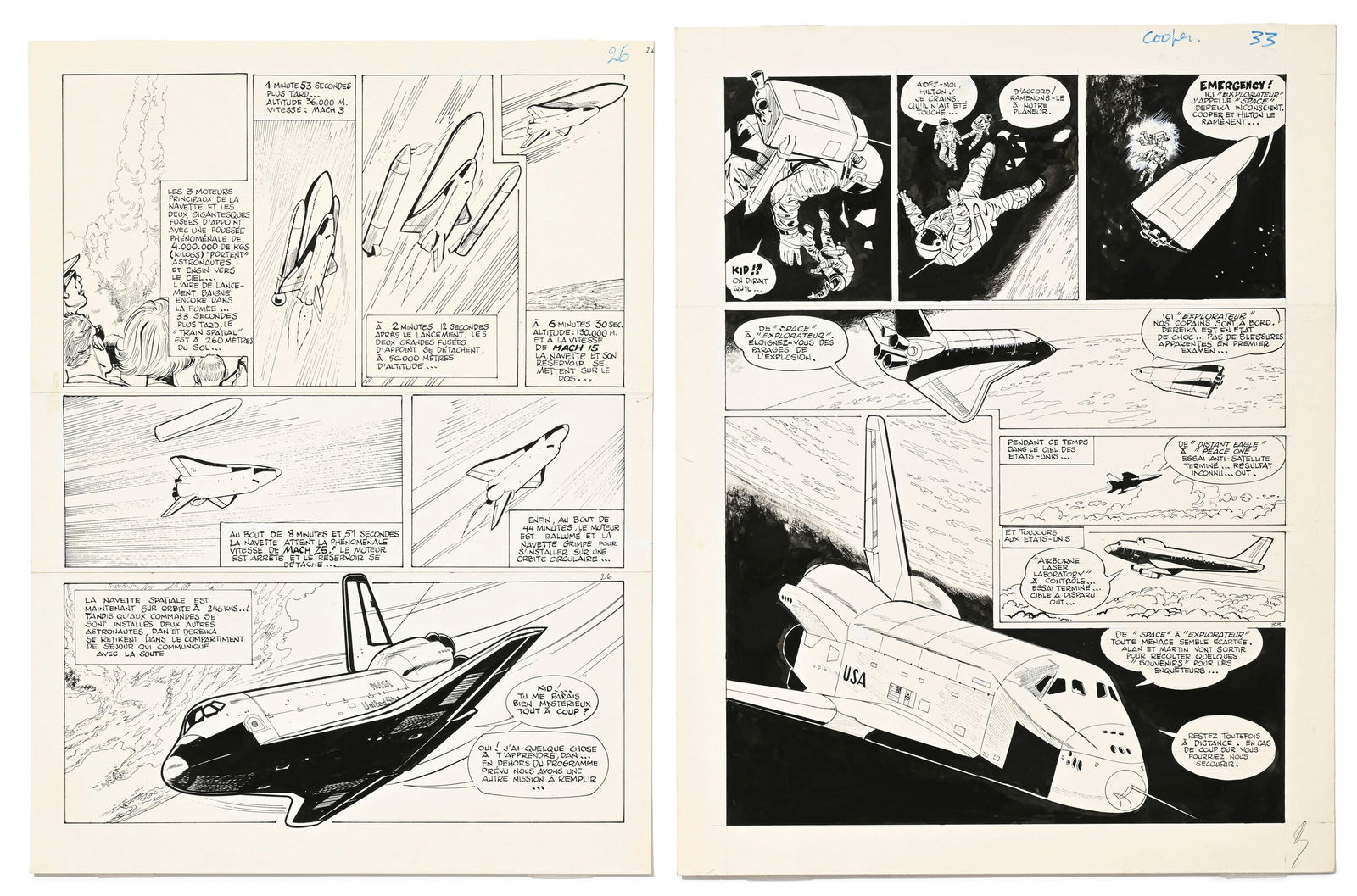 Dan Cooper, Albert Weinberg, tome 31, "Navette Spatiale", éd. Novedi, 1983, planches originales: Dan Cooper, Albert Weinberg, tome 31, "Navette Spatiale", éd. Novedi, 1983, planches originales de bande dessinée, n°26 et n°33, encre de chine et rehauts, 41,5 x 31 cm, 42,3 x