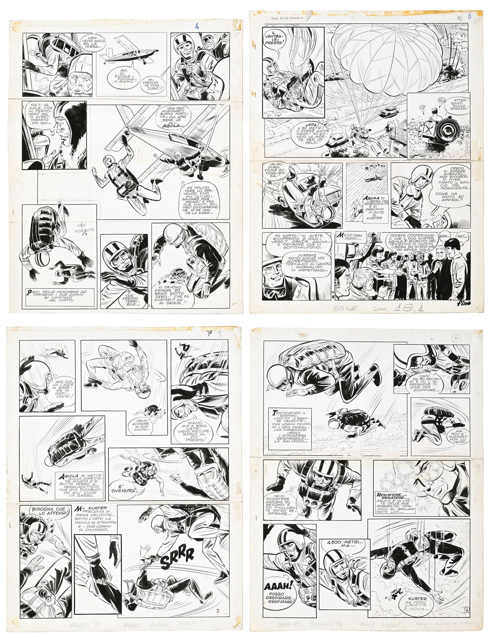 Aquila, Albert Weinberg, version italienne d'un projet inédit intitulé 2'15'' avec la mort: Aquila, Albert Weinberg, version italienne d'un projet inédit intitulé 2'15'' avec la mort (au verso), ou album non identifié, 4 planches originales de bande dessinée (n°4,