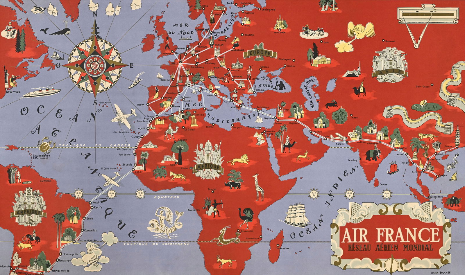 Lucien Boucher (1889-1971), circa 1934, Air France Réseau Aérien Mondial, affiche encadr&#: Lucien Boucher (1889-1971), circa 1934, Air France Réseau Aérien Mondial, affiche encadrée, 99,5x62 cm (à vue)