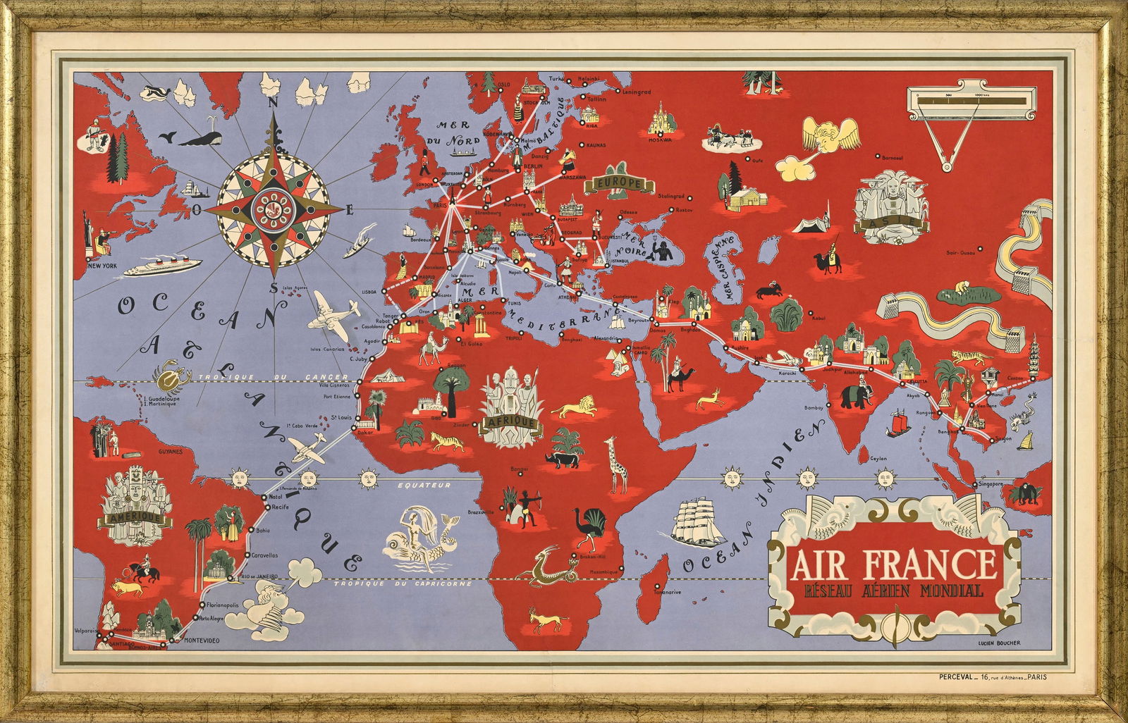 Lucien Boucher (1889-1971), circa 1934, Air France Réseau Aérien Mondial, affiche encadr&# - 2