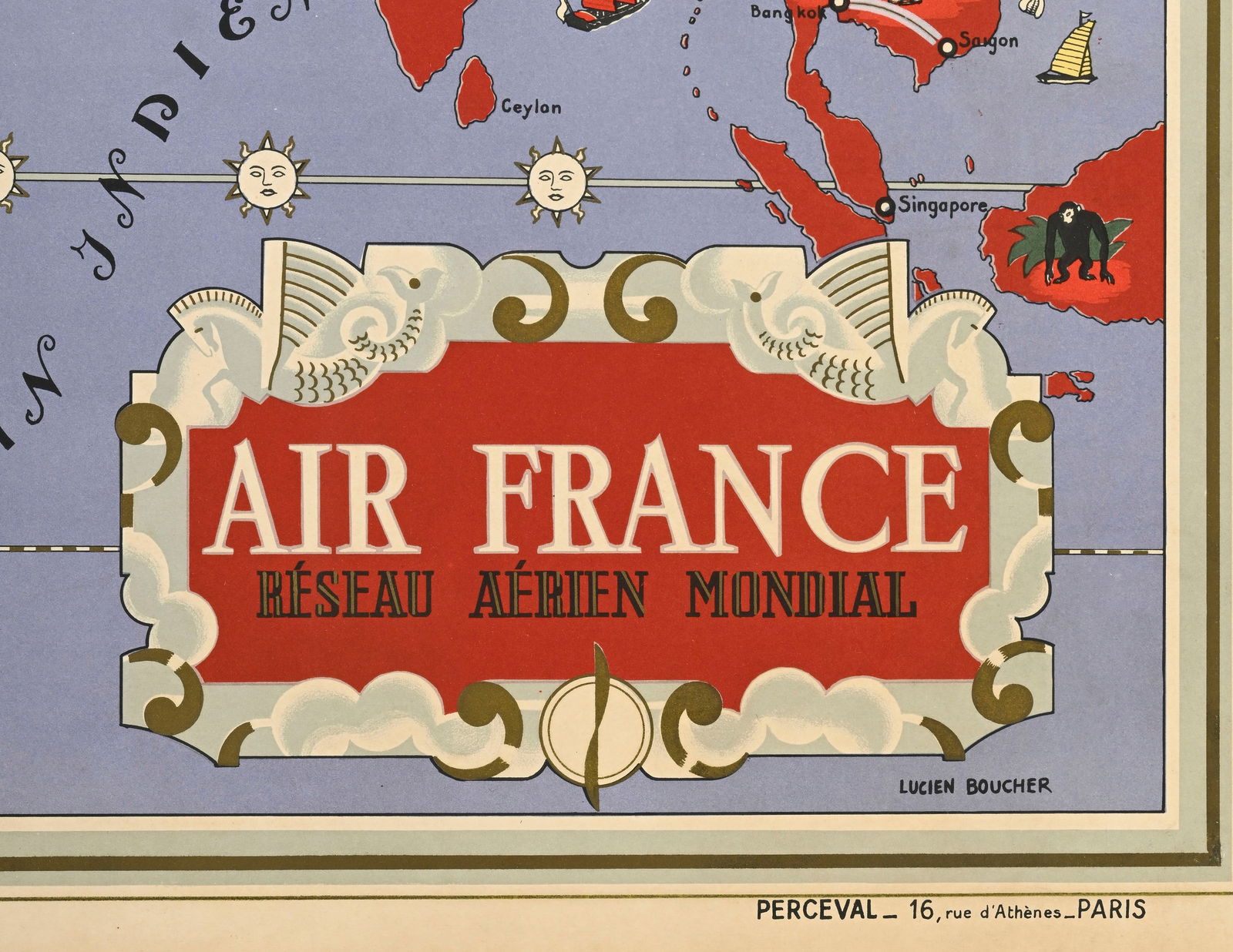 Lucien Boucher (1889-1971), circa 1934, Air France Réseau Aérien Mondial, affiche encadr&# - 7