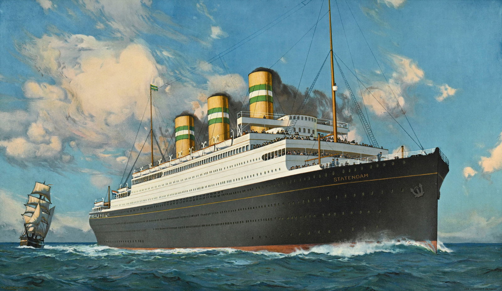 Affiche Holland America Line, circa 1930, affiche encadrée, cadre de la compagnie pour l'agence: Affiche Holland America Line, circa 1930, affiche encadrée, cadre de la compagnie pour l'agence de Genève, 80x53,5 cm (à vue) Condition dégâts et restaurations sur le cadre