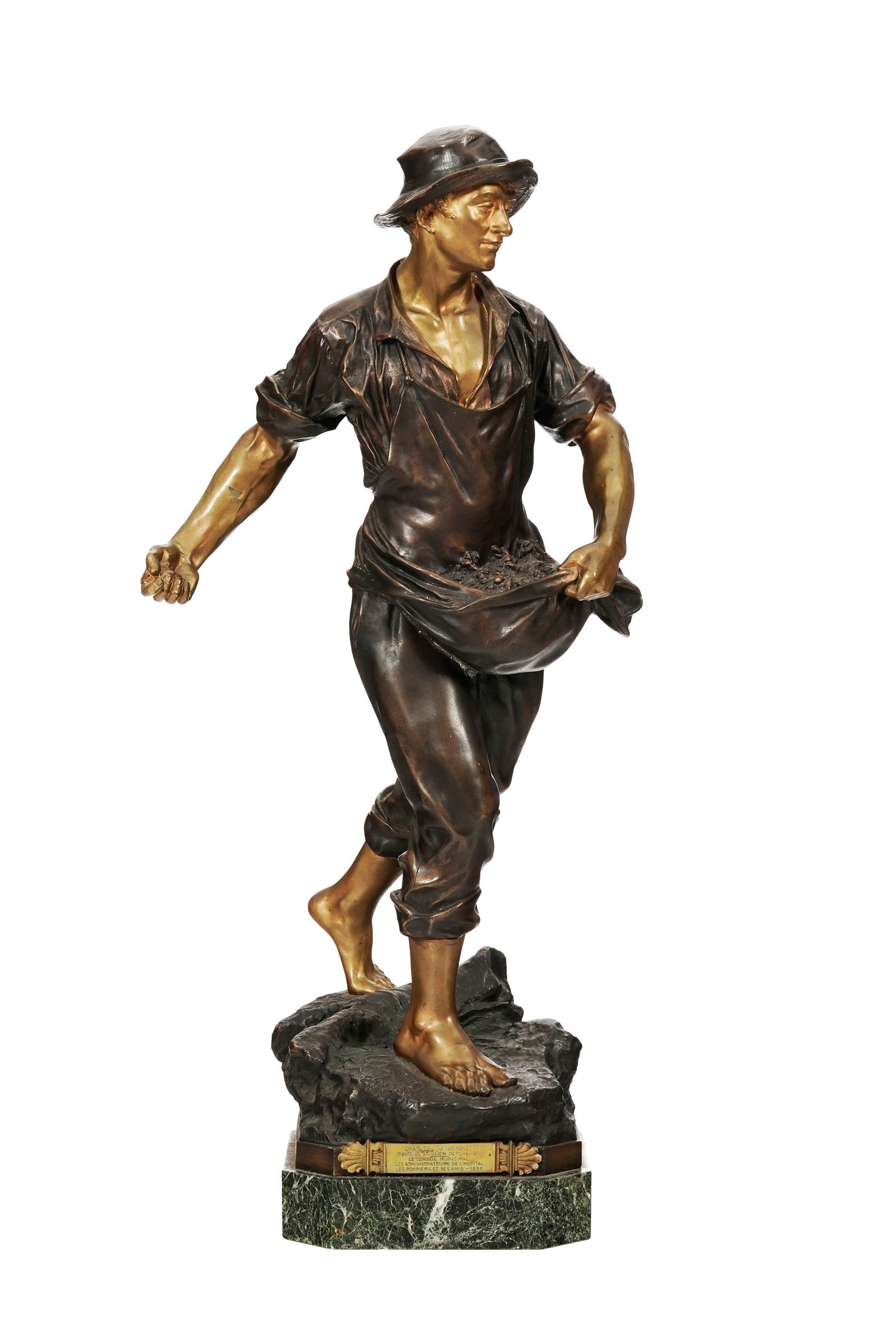 Edouard Drouot (1859-1945), Le Semeur, bronze à patine bichrome, signé, cachet de bronzier: Edouard Drouot (1859-1945), Le Semeur, bronze à patine bichrome, signé, cachet de bronzier Comptoir Français d'Art, plaque en façade dédicacée à Charles Guilhermet,
