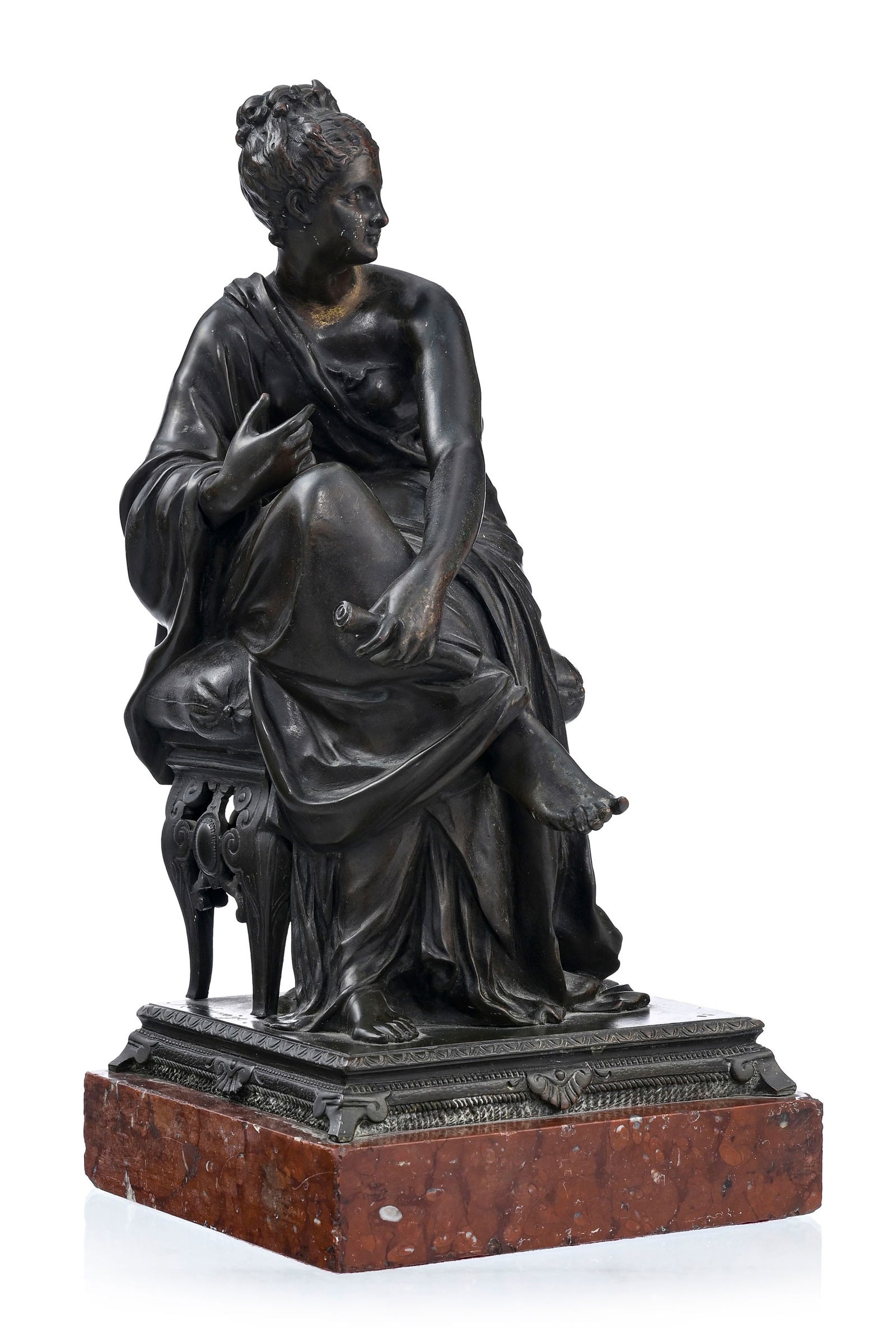 Henry Étienne Dumaigne (1830-1888), Clio, bronze à patine brun foncé, signé sur : Henry Étienne Dumaigne (1830-1888), Clio, bronze à patine brun foncé, signé sur la terrasse, sur socle en marbre rouge, h. 35,5 cm ConditionChoc au sommet arrière du