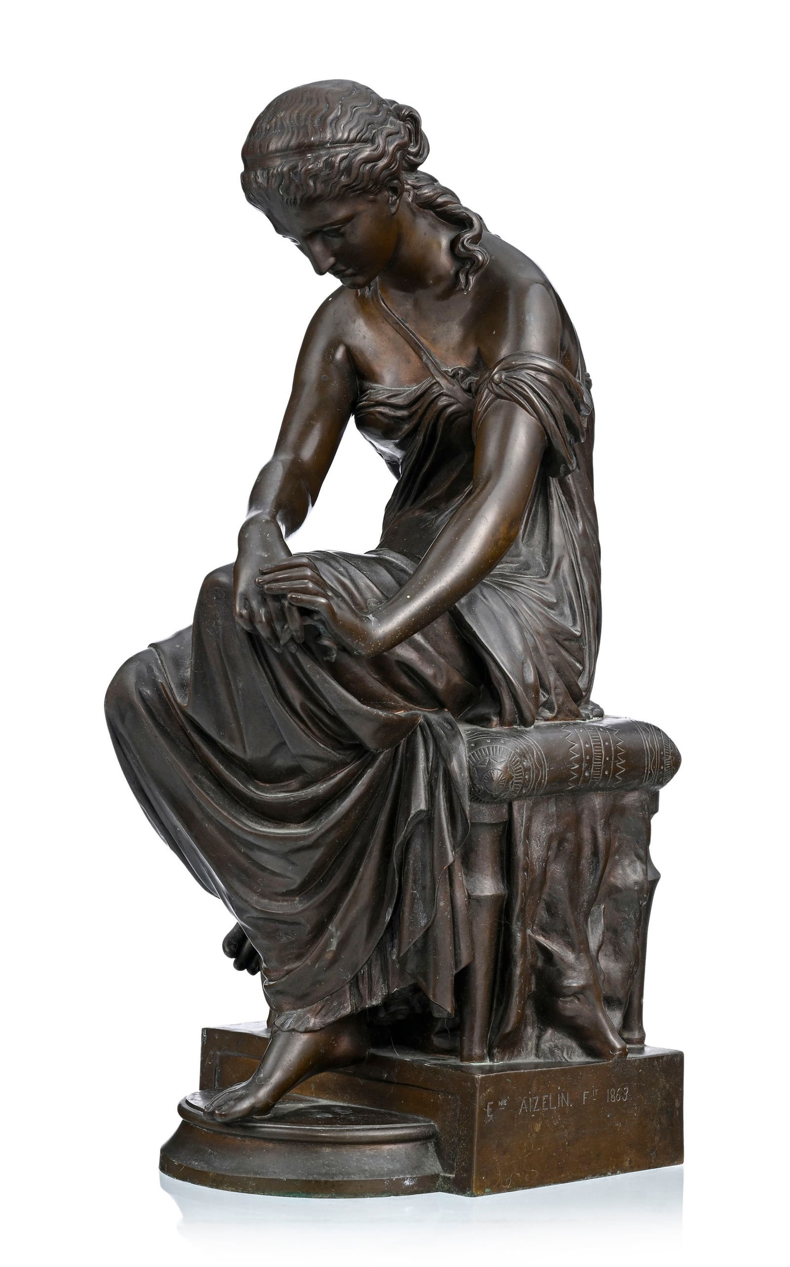 Eugène-Antoine Aizelin (1821-1902), Psyché, bronze à patine brune, signé et dat&: Eugène-Antoine Aizelin (1821-1902), Psyché, bronze à patine brune, signé et daté 1863 sur le socle, marque F. BARBEDIENNE.FONDEUR et cachet réduction Achille Collas, h. 4