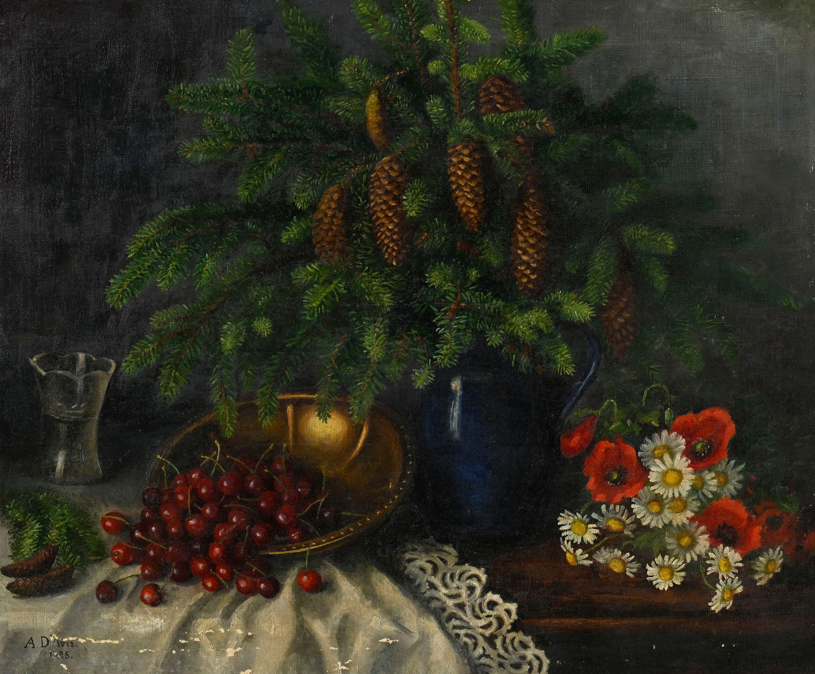 A. Davis (XIX-XX), Nature morte aux pommes de pin, cerises et bouquet, 1925, huile sur toile, sign&#: A. Davis (XIX-XX), Nature morte aux pommes de pin, cerises et bouquet, 1925, huile sur toile, signée et datée, 62,5x76 cm Condition Pertes de matière éparses, notamment dans