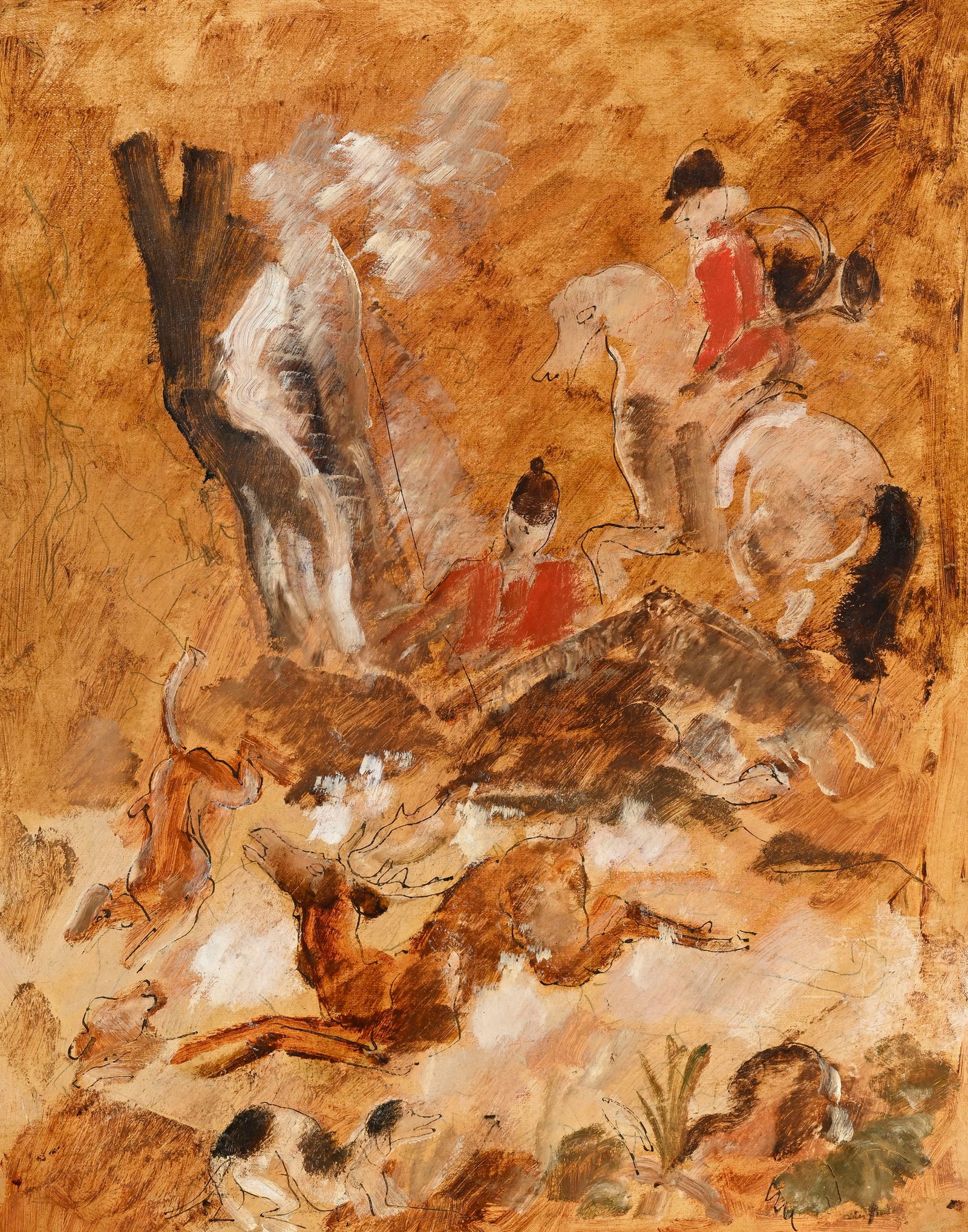 Charles Dufresne (1876-1938), "La chasse à courre", huile et encre sur papier marouflé sur (1 of 4)