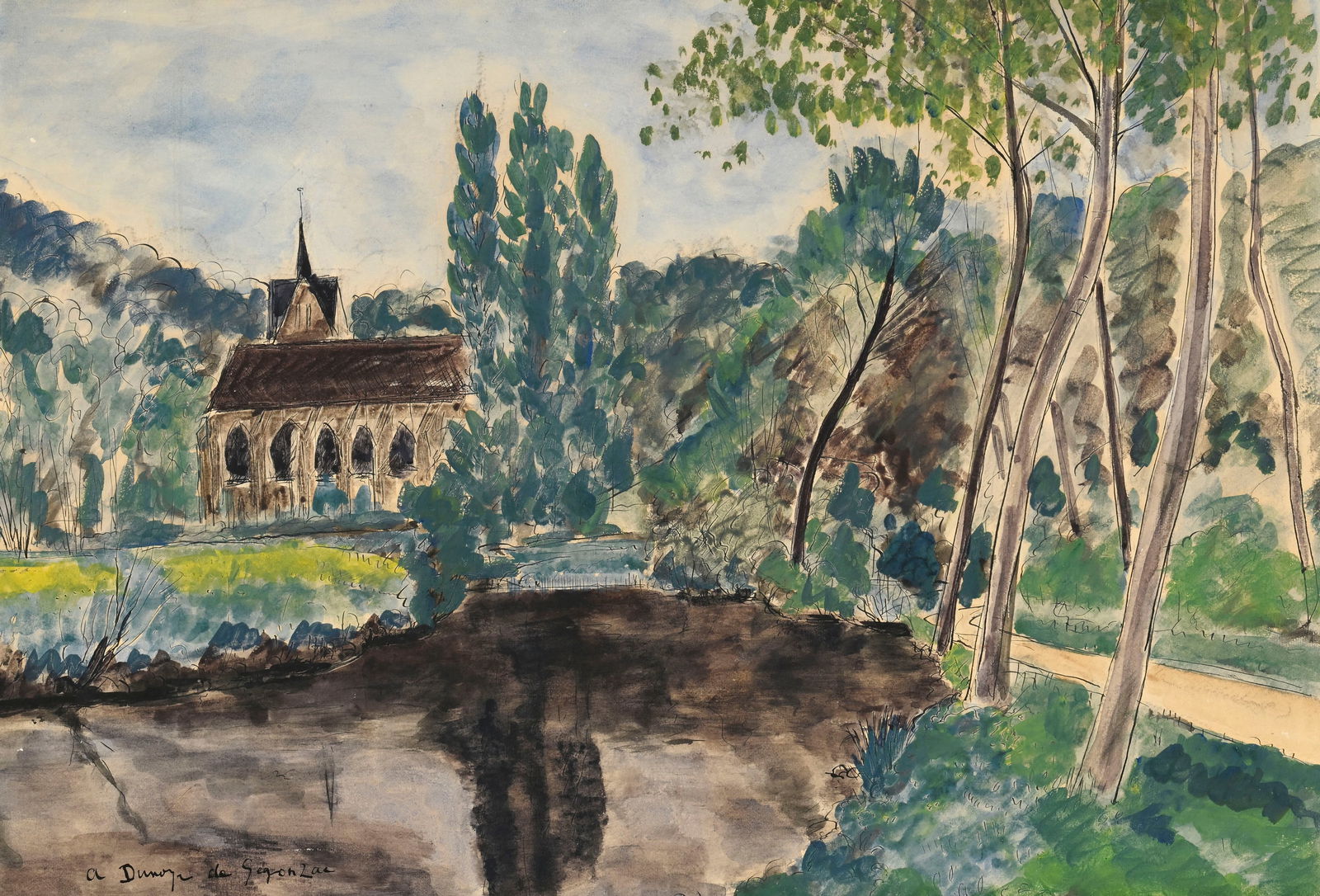 André Albert Marie Dunoyer de Segonzac (1884-1974), Chapelle au bord d'une rivière, aquare: André Albert Marie Dunoyer de Segonzac (1884-1974), Chapelle au bord d'une rivière, aquarelle et encre sur papier, signée, 45x66 cm (à vue) 