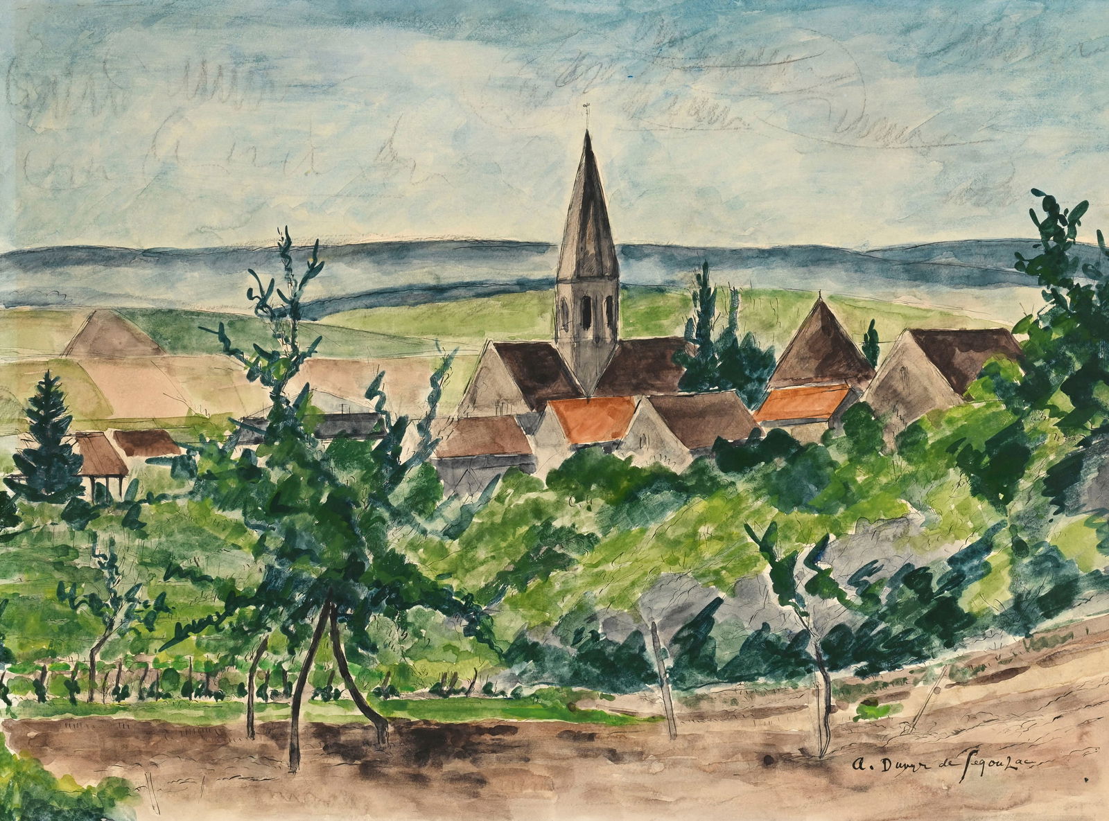 André Albert Marie Dunoyer de Segonzac (1884-1974), "Feucherolles", aquarelle et encre sur papi: André Albert Marie Dunoyer de Segonzac (1884-1974), "Feucherolles", aquarelle et encre sur papier, signée, 56x75,5 cm Au verso: étiquette de la Galerie Paul Vallotton, Lausanne, no.