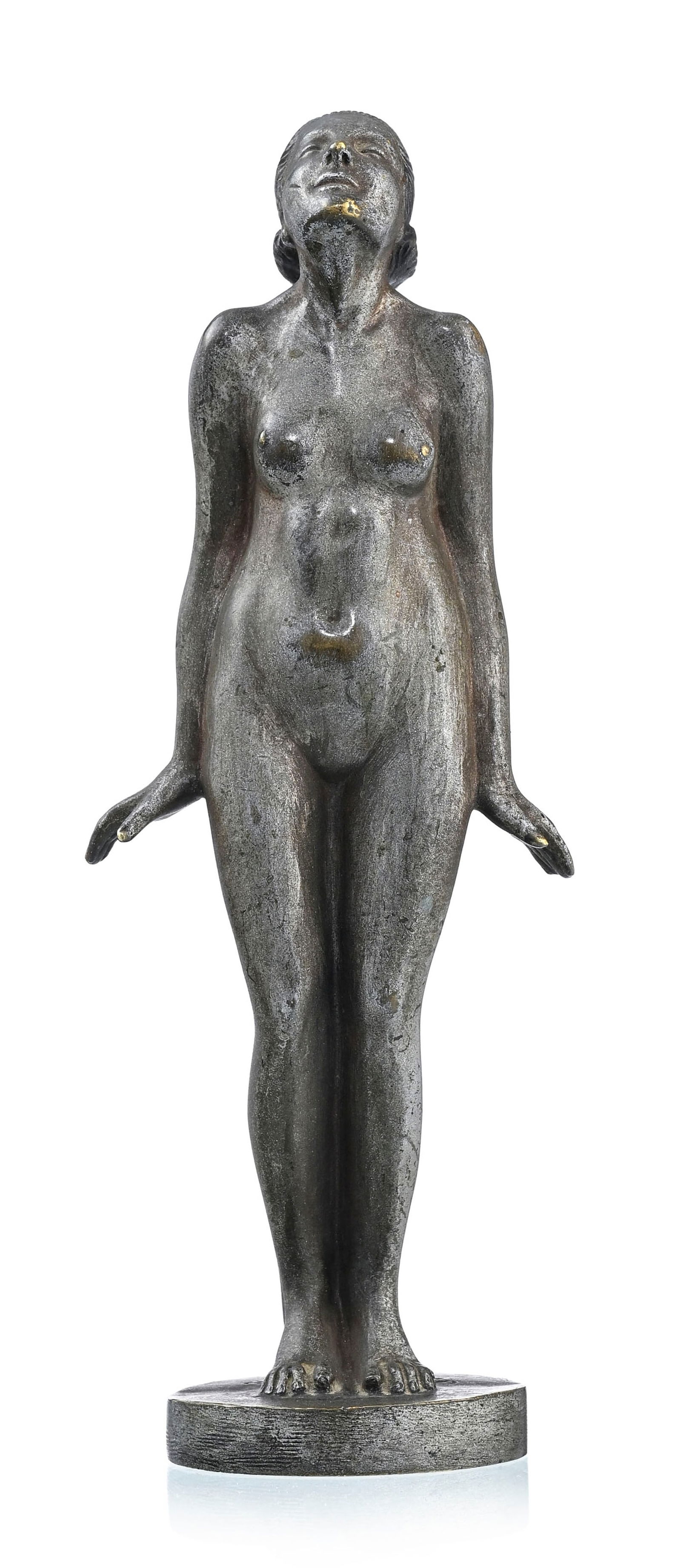Joanny Durand (1886-1955), Femme nue, sculpture en bronze à patine argentée, signée, : Joanny Durand (1886-1955), Femme nue, sculpture en bronze à patine argentée, signée, h. 20,5 cm ConditionPetites usures à la patine Marque partiellement lisible prob. «