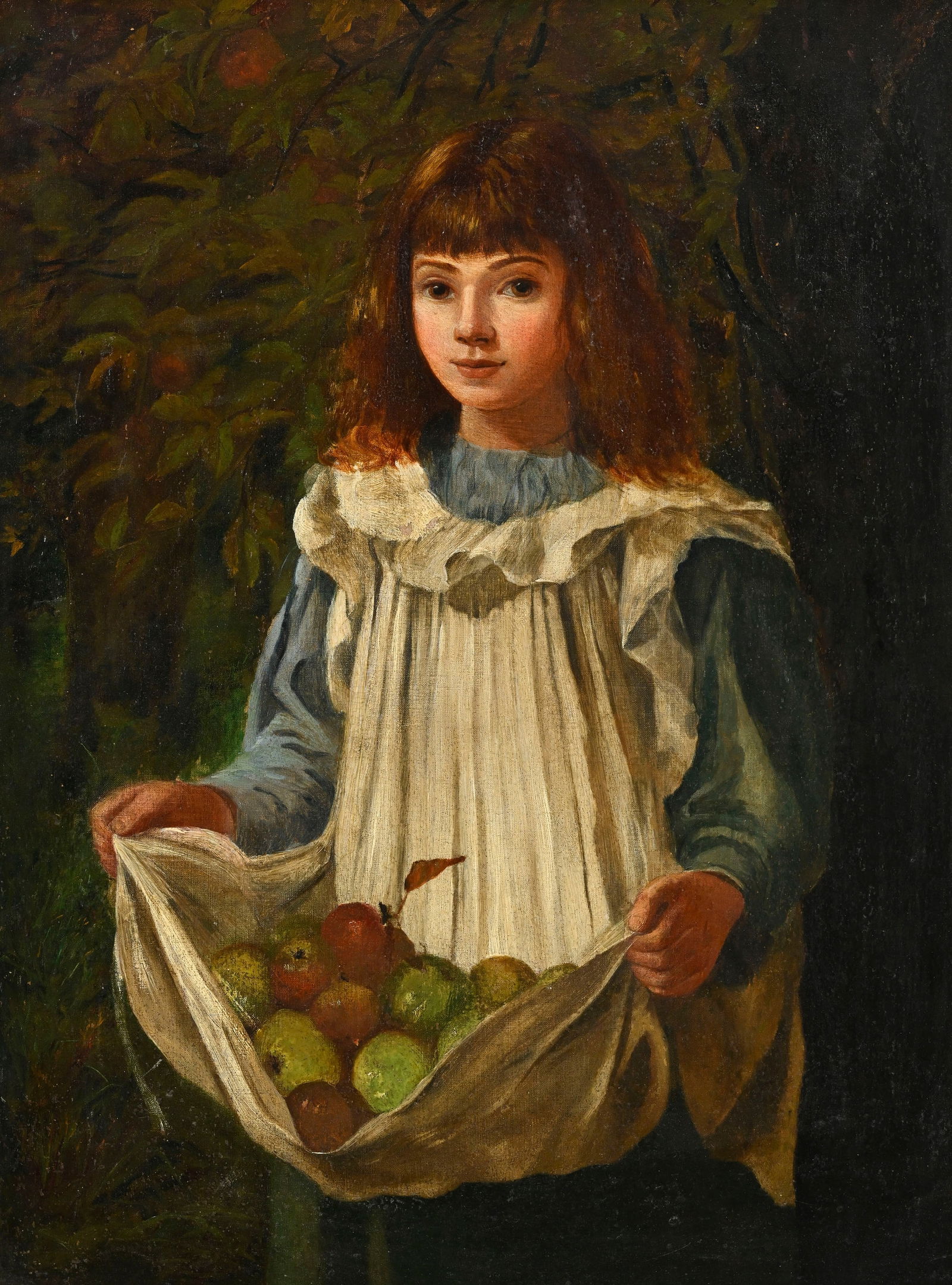 Ecole européenne du début XXe, Jeune fille aux pommes, huile sur toile, 84x61 cm: Ecole européenne du début XXe, Jeune fille aux pommes, huile sur toile, 84x61 cm 