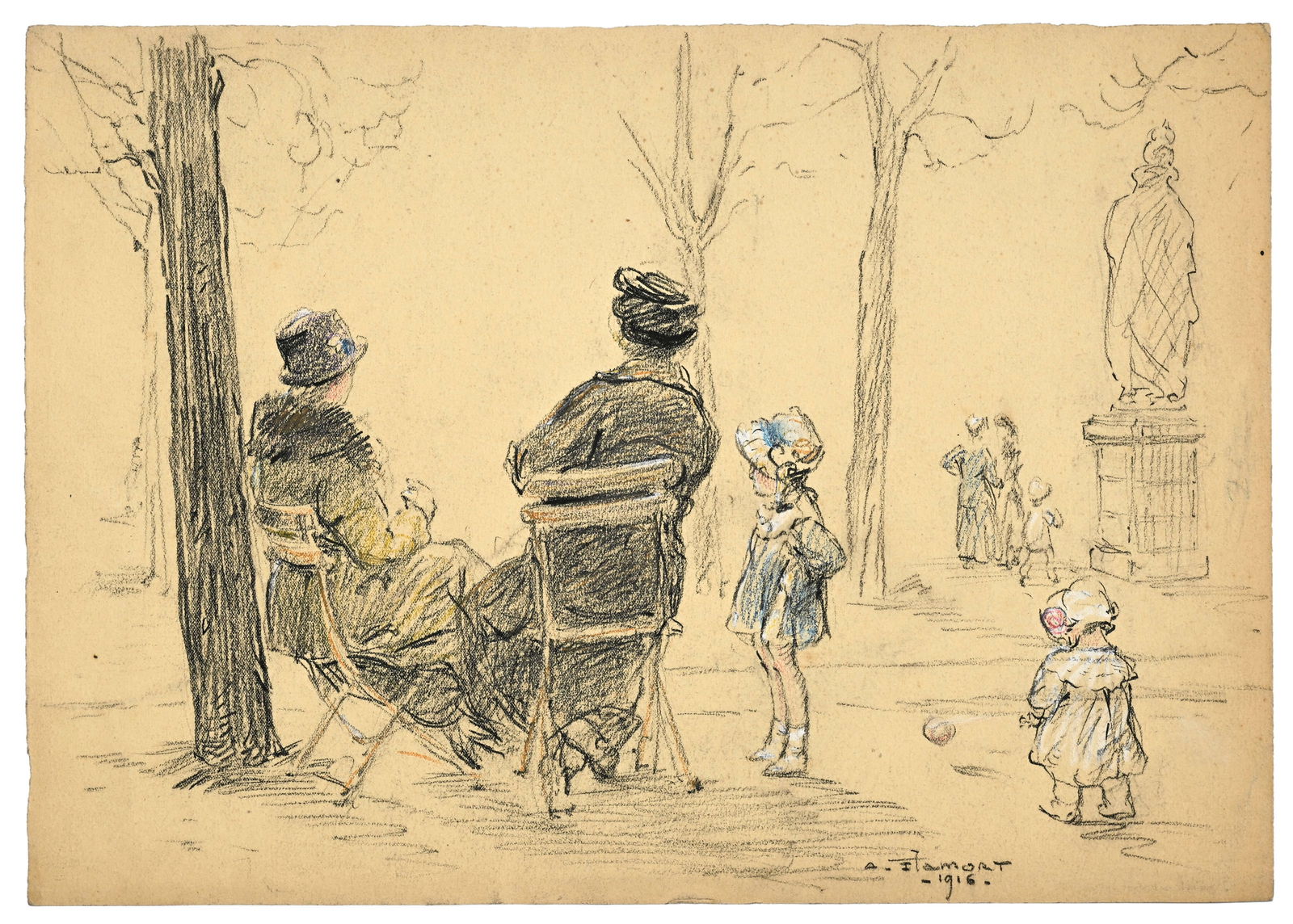 A. Flamort (XIX-XX), Scènes de parcs animées et personnages,, c.1915-1916, suite de 6 dess: A. Flamort (XIX-XX), Scènes de parcs animées et personnages,, c.1915-1916, suite de 6 dessins, pastel et fusain sur papier, signés, 4 datés, un titré "Au Tuilerie" et un