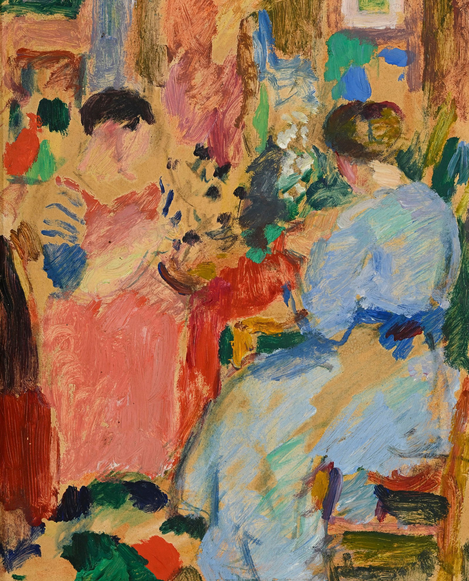 Ecole française du début du XXe s., Femmes dans un intérieur, huile sur carton mont&#: Ecole française du début du XXe s., Femmes dans un intérieur, huile sur carton monté sur panneau parqueté, 31,5x25 cm 