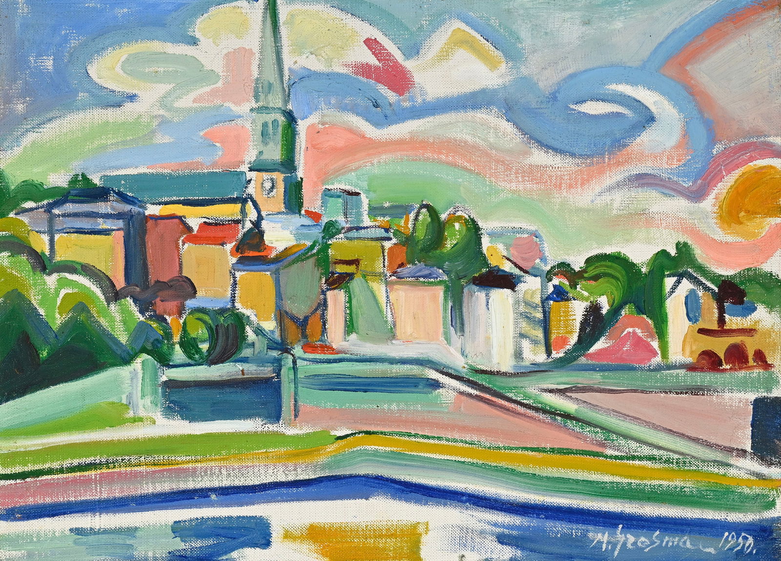 Maurice Grossman (c.1900-1976), Vue de village, 1950, huile sur toile, signée et datée, co: Maurice Grossman (c.1900-1976), Vue de village, 1950, huile sur toile, signée et datée, contresignée au verso, 31x41 cm