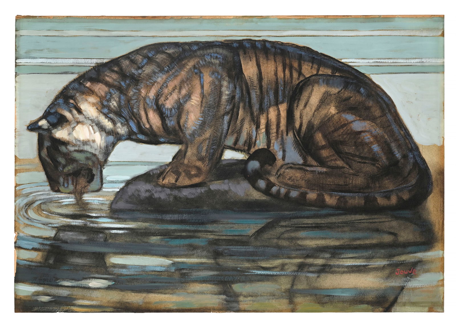 Paul Jouve (1878-1973), "Tigre lapant l'eau", après 1940 , huile, gouache et fusain sur papier : Paul Jouve (1878-1973), "Tigre lapant l'eau", après 1940 , huile, gouache et fusain sur papier contrecollé sur carton, signé, 67,5x98 cm Bibliographie: Félix Marcilhac, Paul