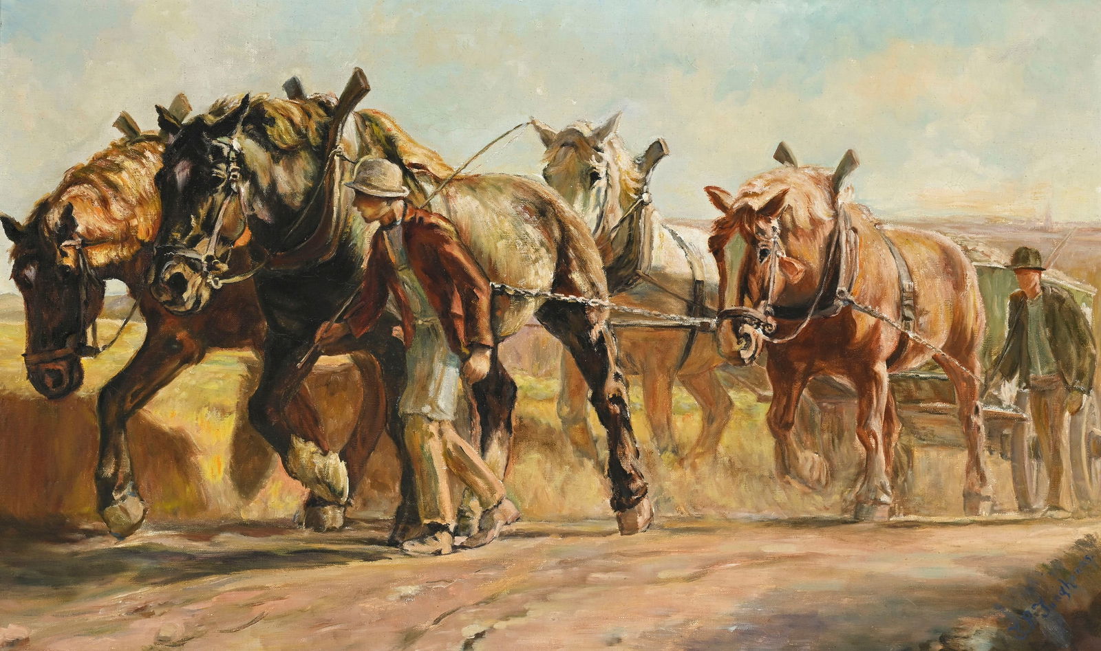 Julius Paul Junghanns (1876-1958), Paysans et chevaux de trait, huile sur toile, signée, 60x100 (1 of 6)