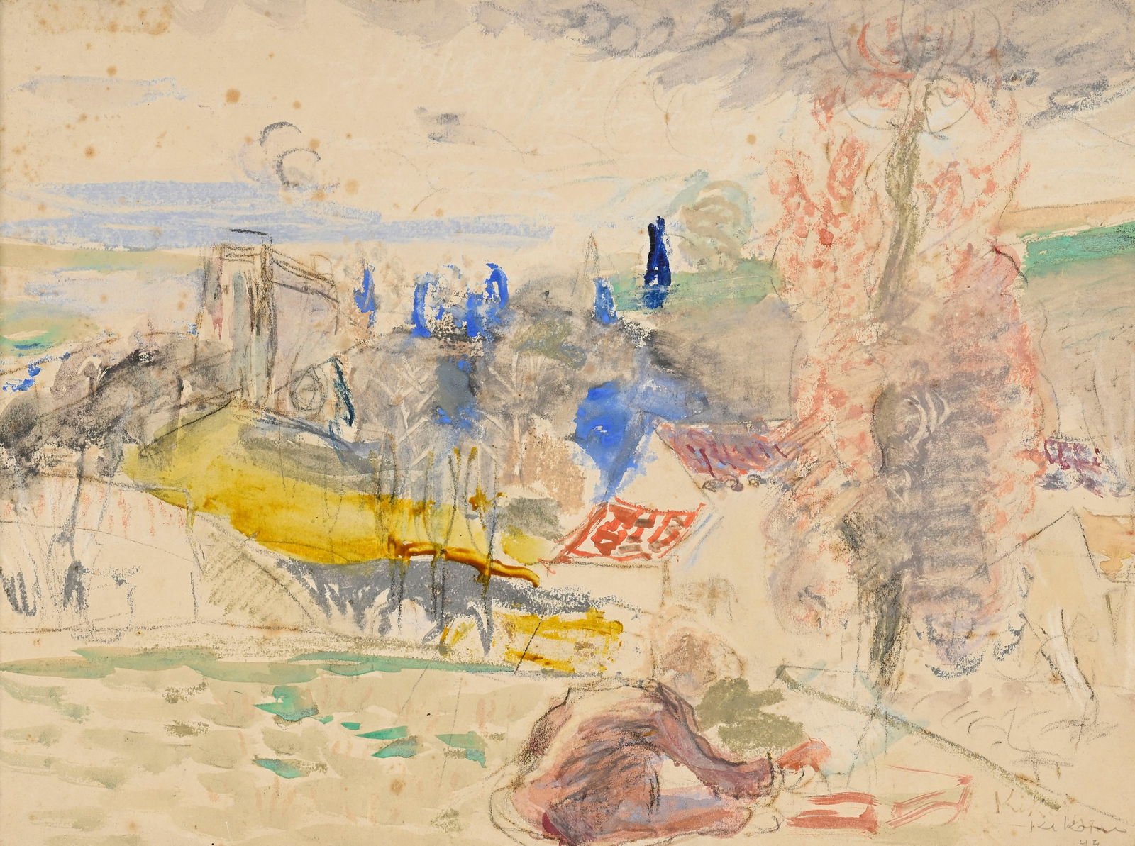 Michel Kikoine (1892-1968), "Sur le motif", 1944, technique mixte sur papier, signée et dat: Michel Kikoine (1892-1968), "Sur le motif", 1944, technique mixte sur papier, signée et datée, 27,5x36,5 cm ConditionRousseurs éparses Plis 