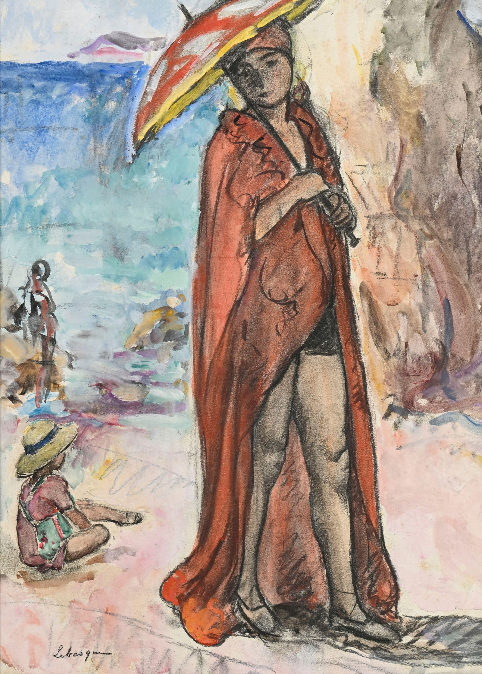 Henri Baptiste Lebasque (1865-1937), La baigneuse, gouache et fusain sur papier, signée, 50,5x3: Henri Baptiste Lebasque (1865-1937), La baigneuse, gouache et fusain sur papier, signée, 50,5x36 cm (à vue) 