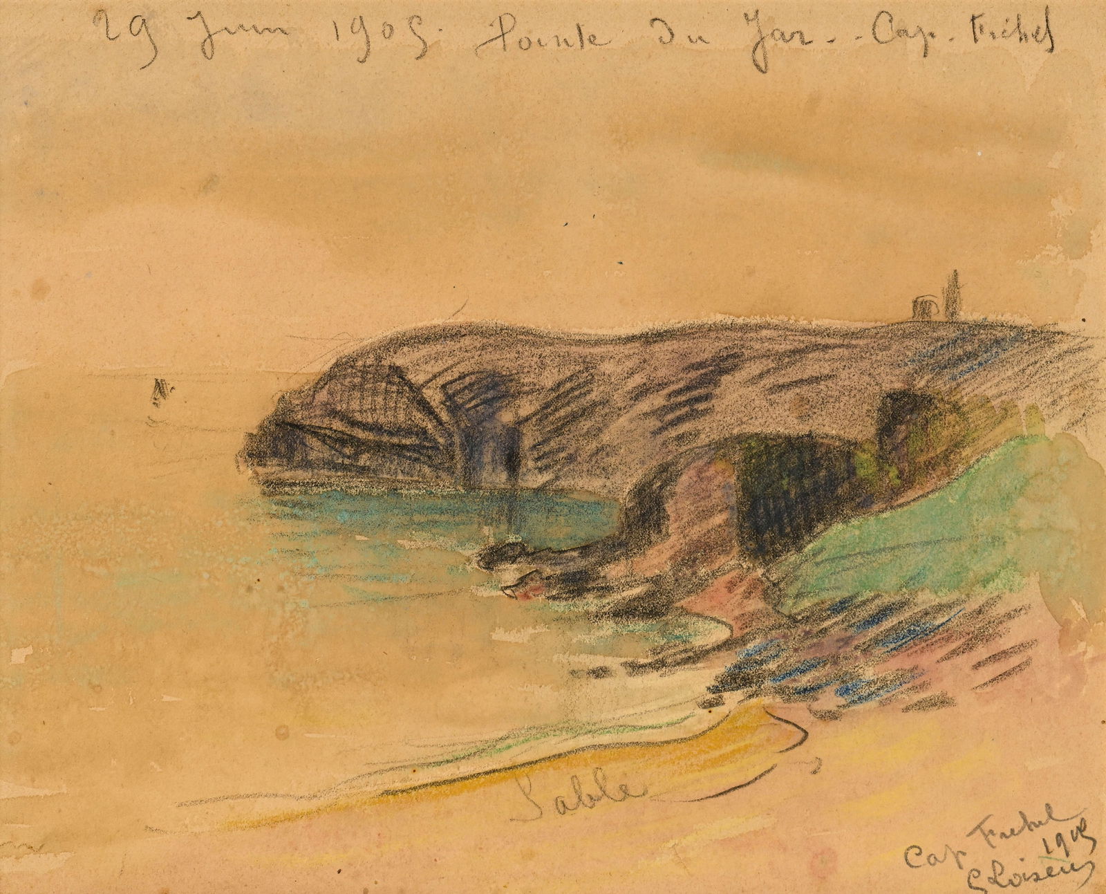 Gustave Loiseau (1865-1935), Etude de la Pointe du Jar, 1905, aquarelle et pierre noire sur papier, : Gustave Loiseau (1865-1935), Etude de la Pointe du Jar, 1905, aquarelle et pierre noire sur papier, signée, datée "29 juin 1905", titrée et située "Pointe du Jar. Cap