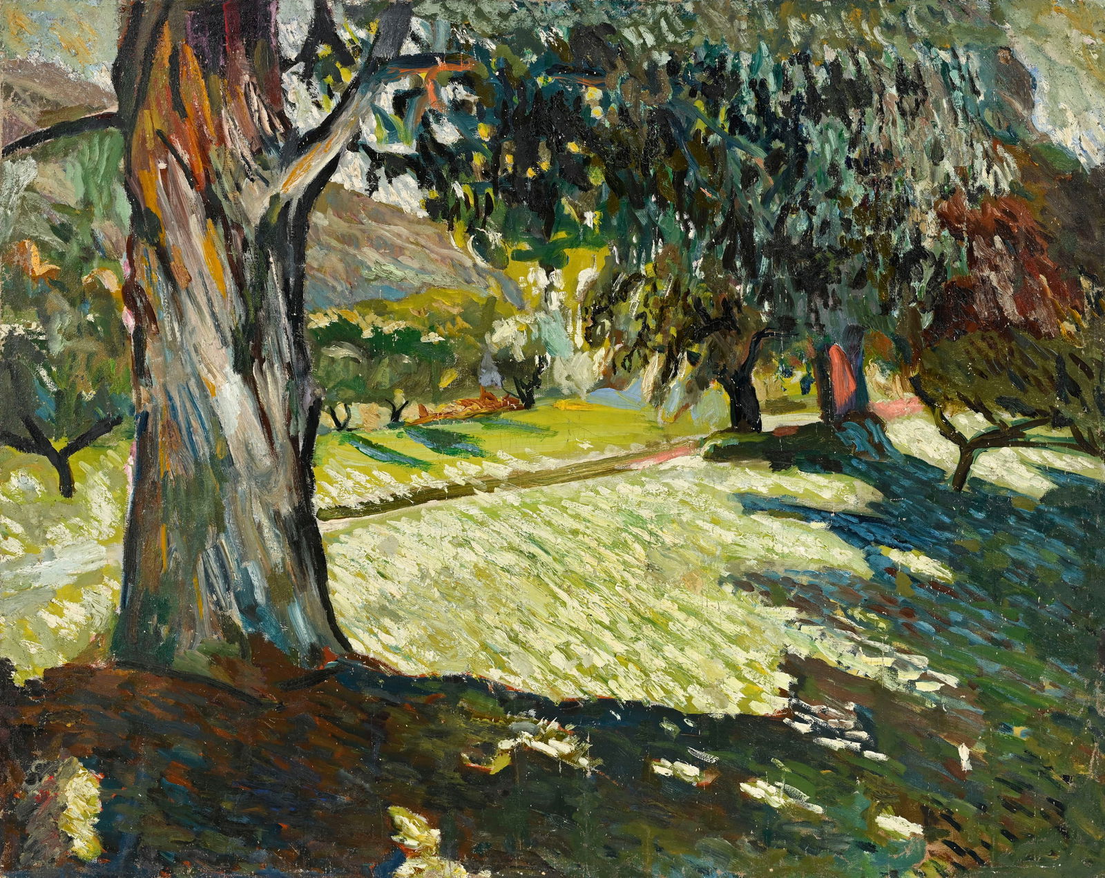 Alfred Lombard (1884-1973), Paysage au grand arbre, c. 1905, huile sur toile, signée et tamponn: Alfred Lombard (1884-1973), Paysage au grand arbre, c. 1905, huile sur toile, signée et tamponnée "authentifié par ses enfants" au verso, 73x93 cm Provenance: Leclere, Marseille,